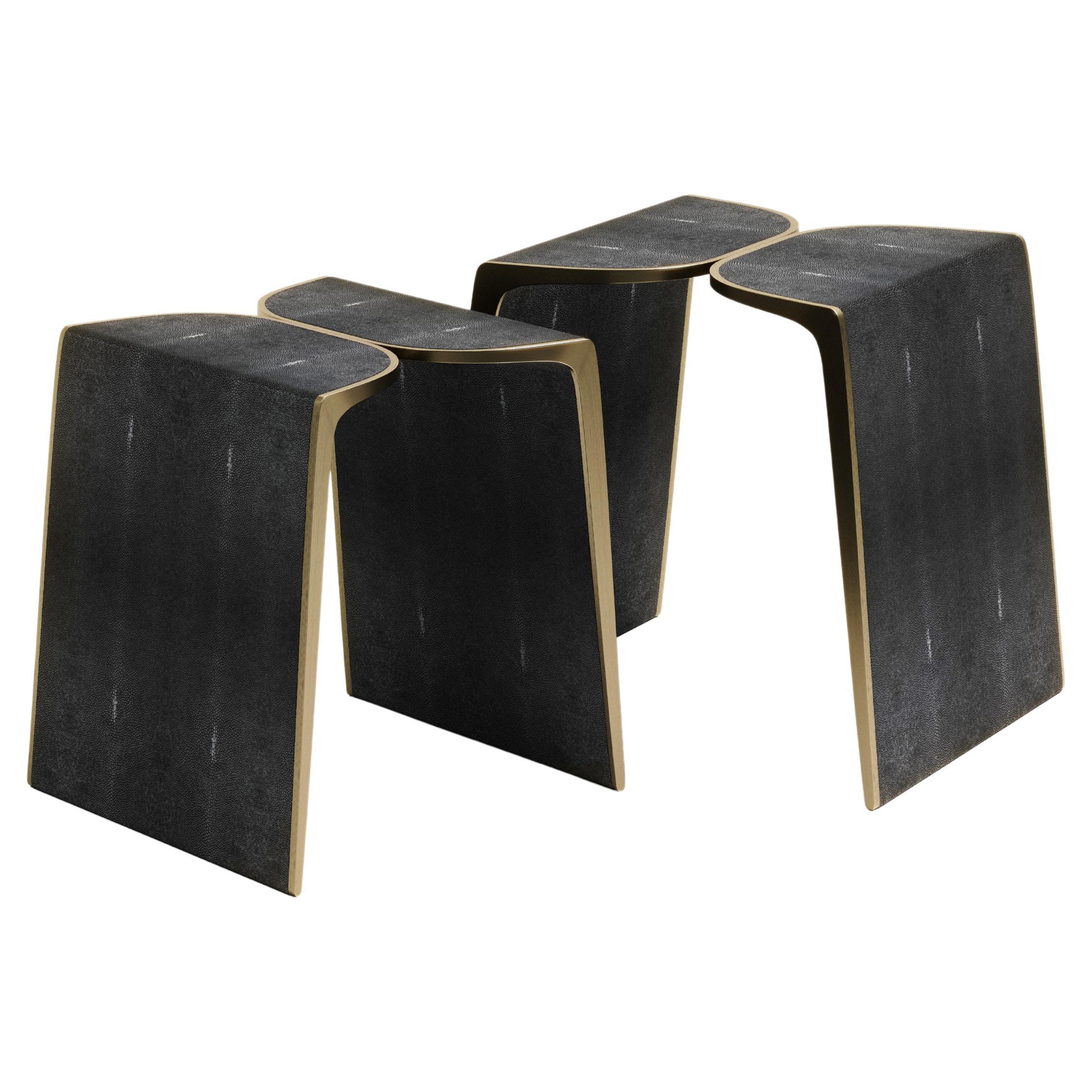 Nesting Shagreen Side Tables with Bronze Patina Brass Details by Kifu Paris