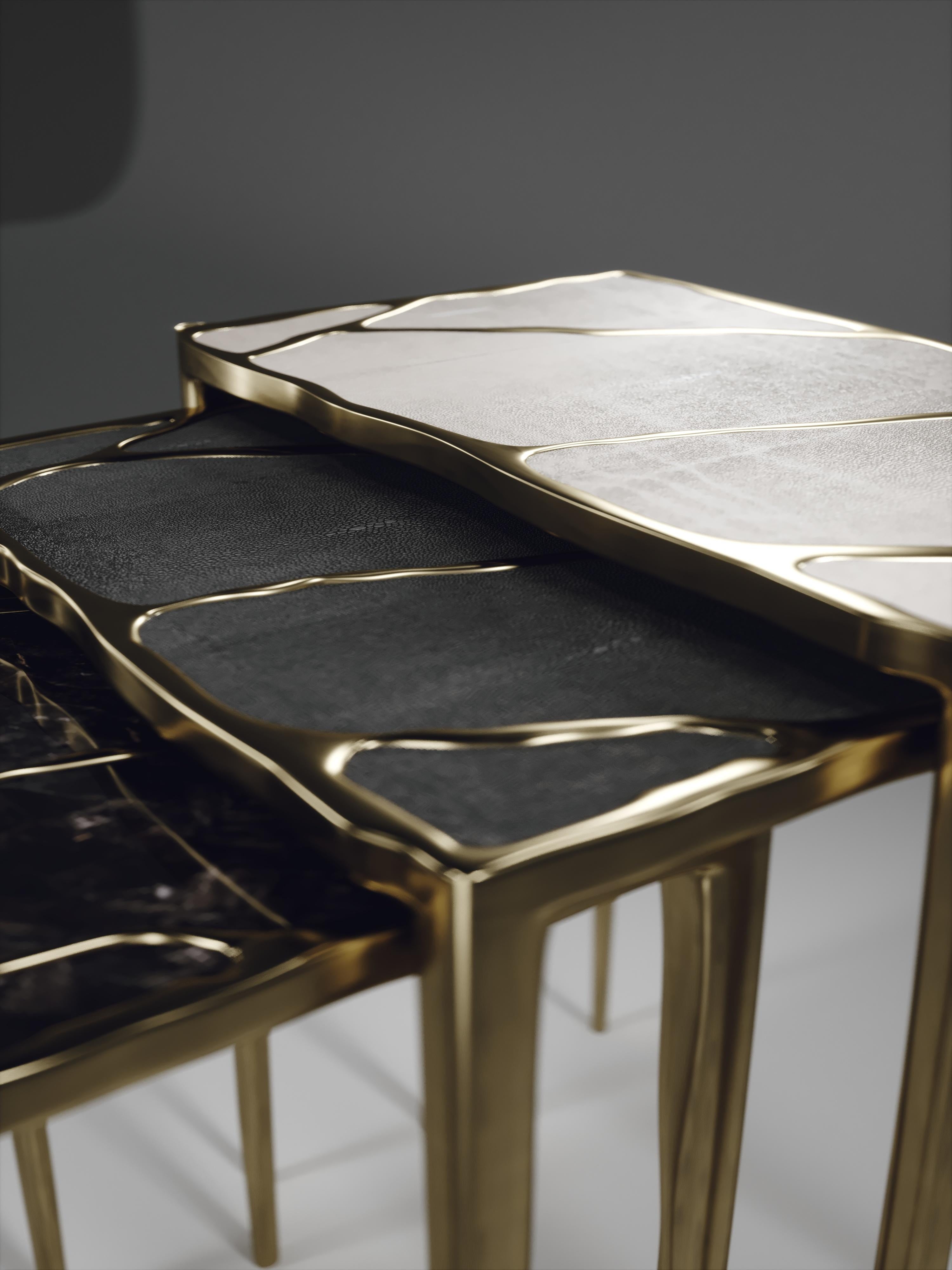 Nesting Side Tables in Shagreen, Quartz and Bronze-Patina Brass by R&Y Augousti For Sale 6