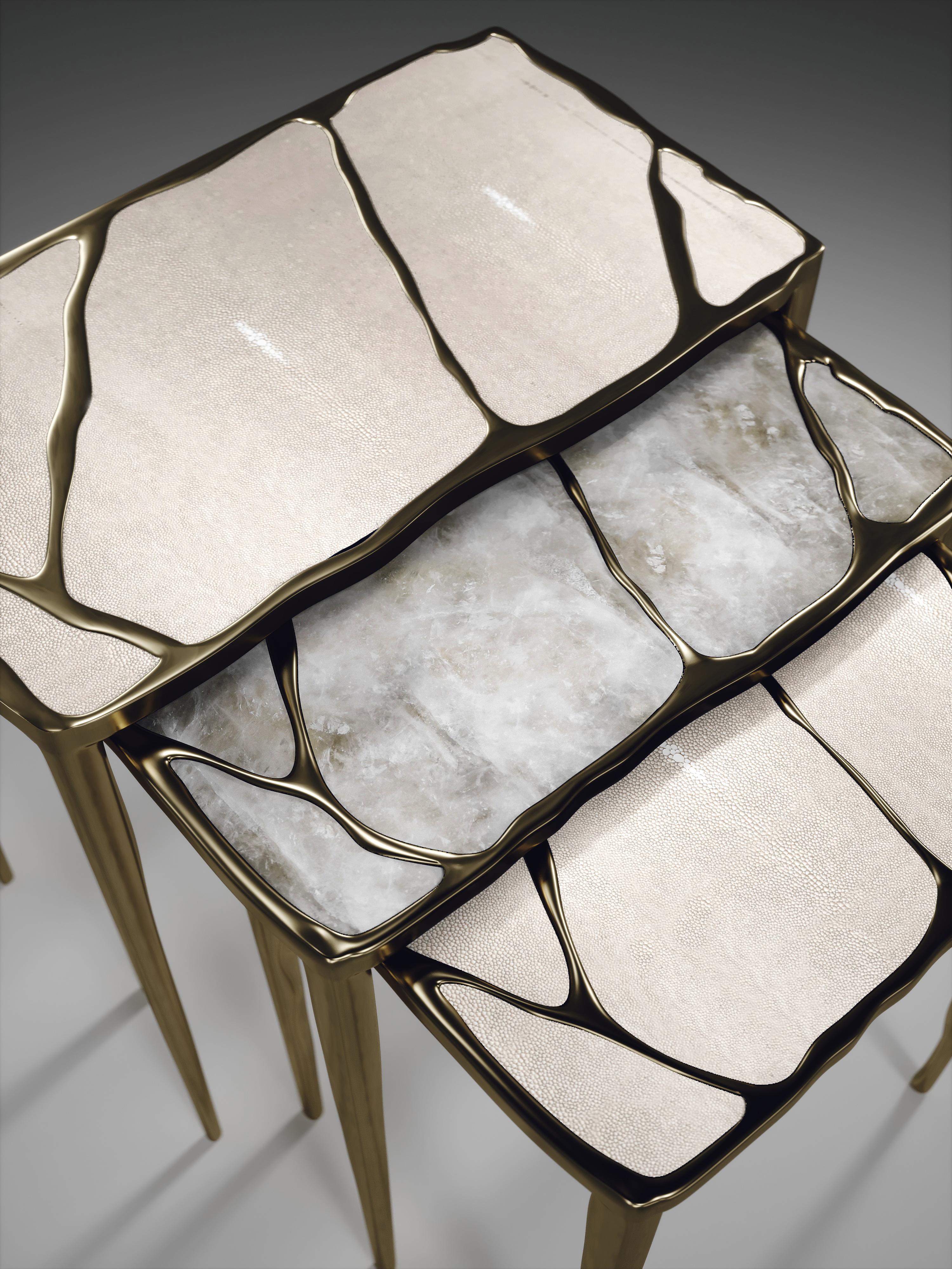 Nesting Side Tables in Shagreen, Quartz and Bronze-Patina Brass by R&Y Augousti For Sale 10