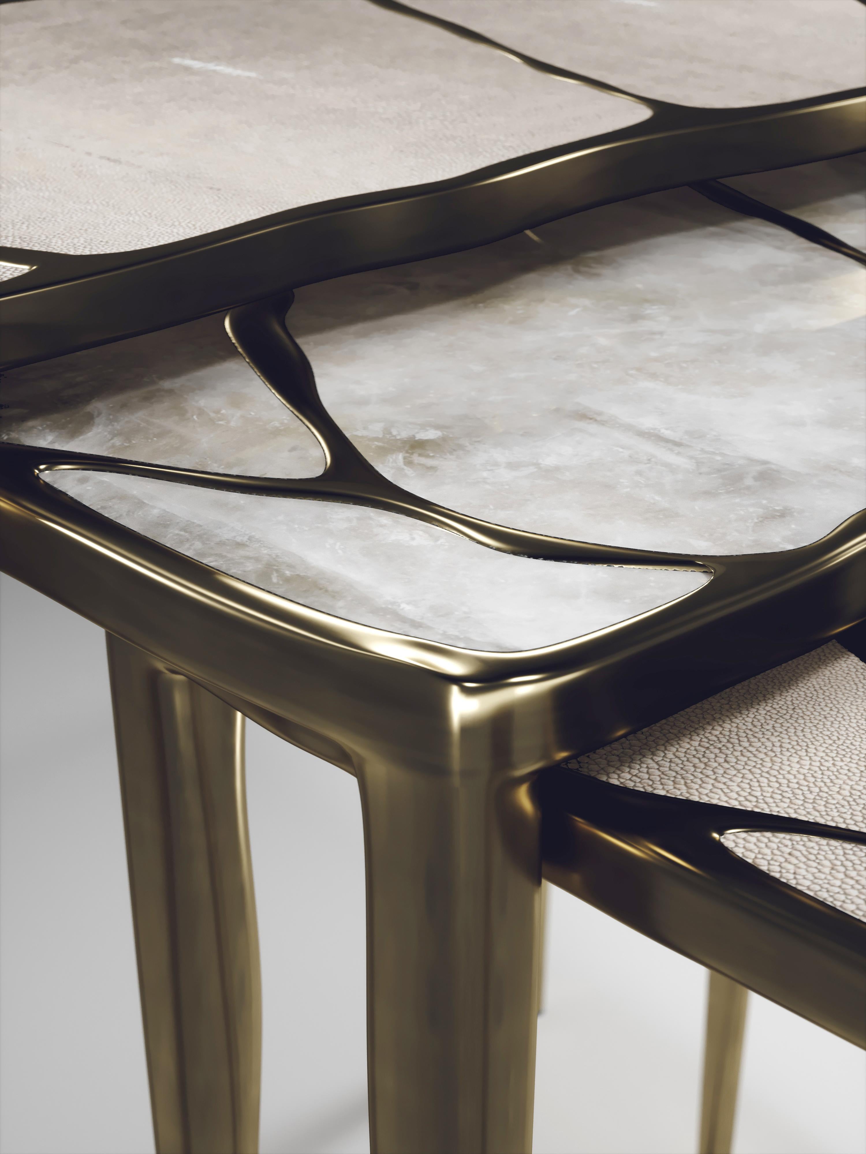 Nesting Side Tables in Shagreen, Quartz and Bronze-Patina Brass by R&Y Augousti For Sale 11