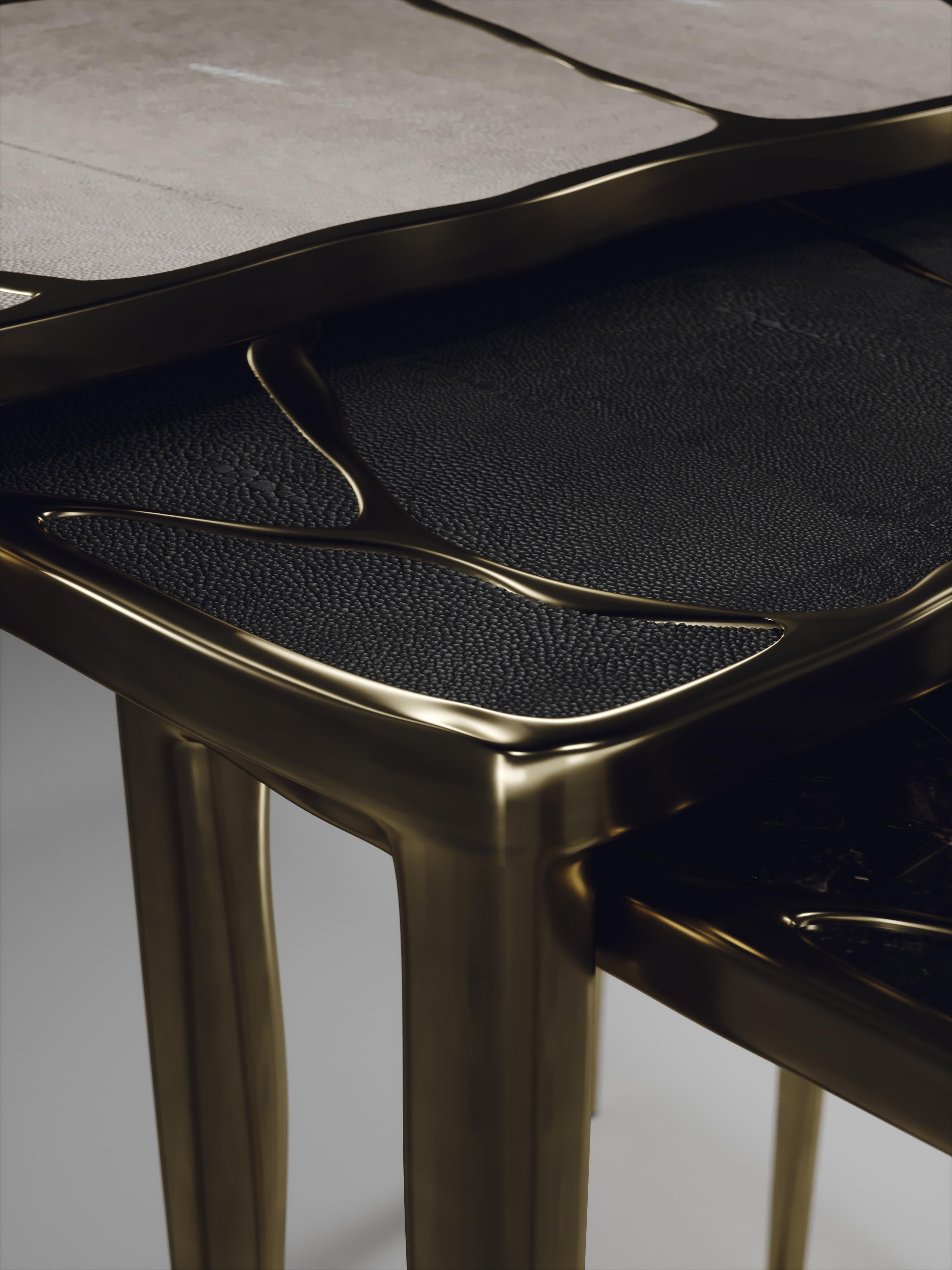 Contemporary Nesting Side Tables in Shagreen, Quartz and Bronze-Patina Brass by R&Y Augousti For Sale