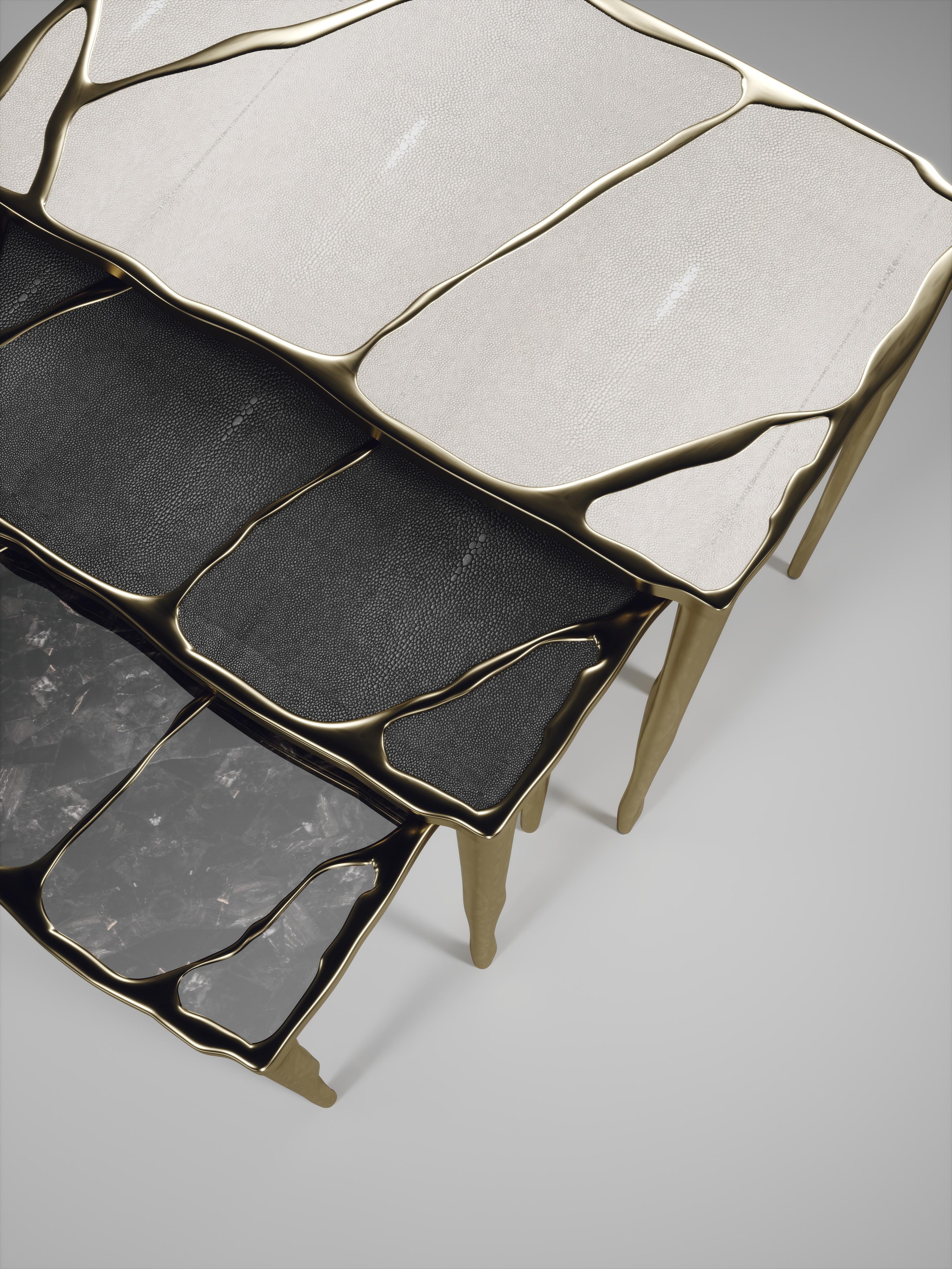 Nesting Side Tables in Shagreen, Quartz and Bronze-Patina Brass by R&Y Augousti For Sale 2