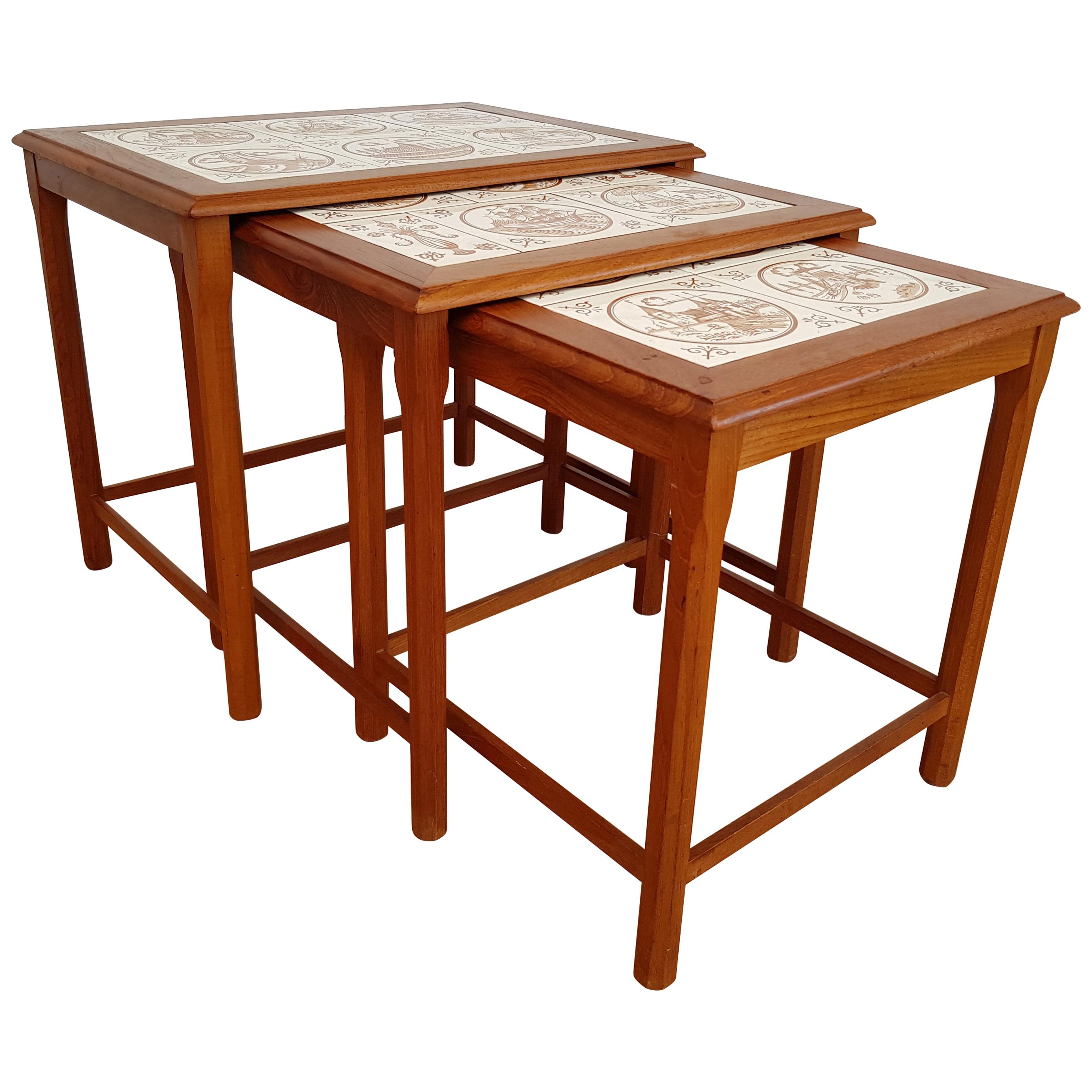 Nesting Table, Danish Design, Hand Painted Ceramic Tiles, Teak Wood, 1960s For Sale