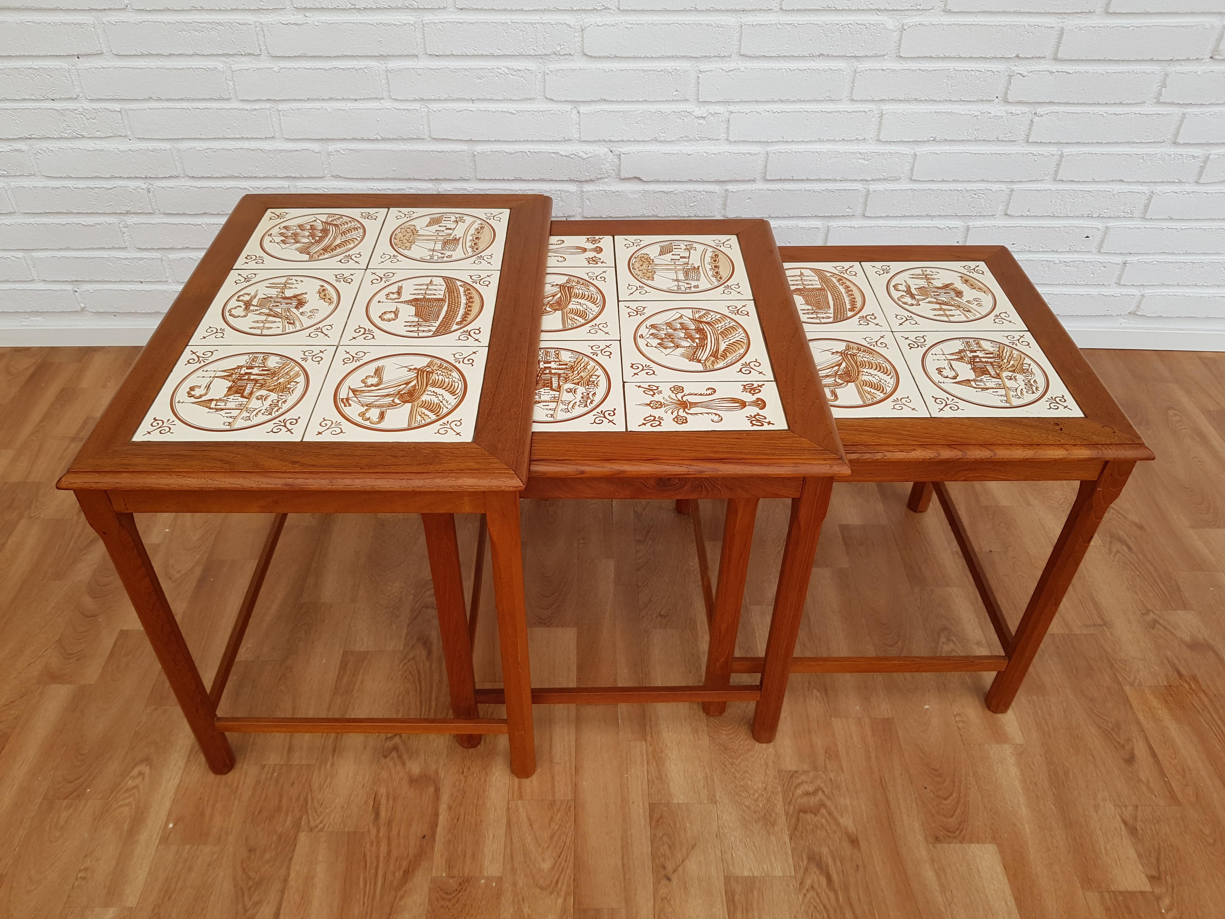 Nesting Table, Danish Design, Hand Painted Ceramic Tiles, Teak Wood, 1960s For Sale 6