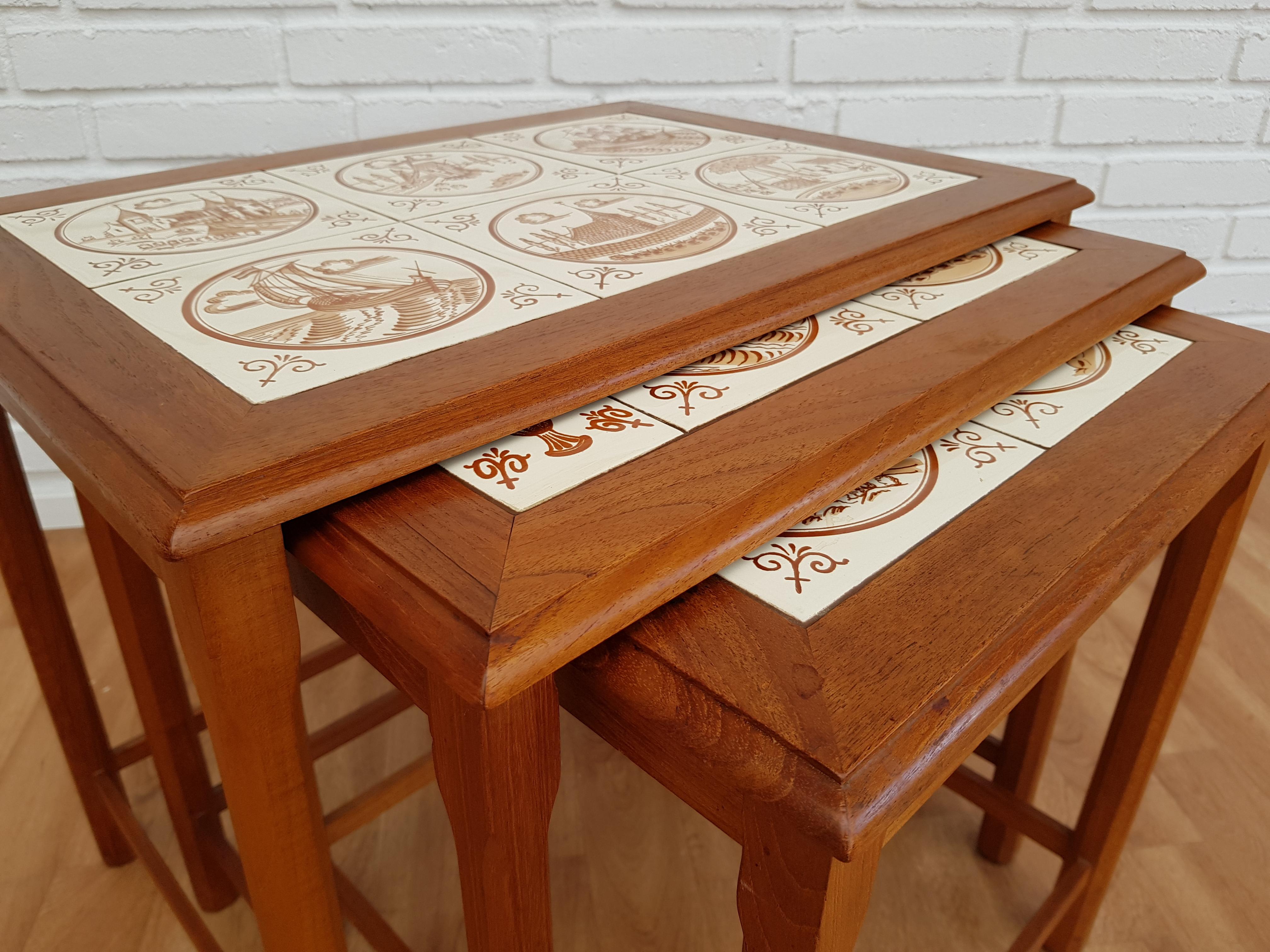 Mid-20th Century Nesting Table, Danish Design, Hand Painted Ceramic Tiles, Teak Wood, 1960s For Sale