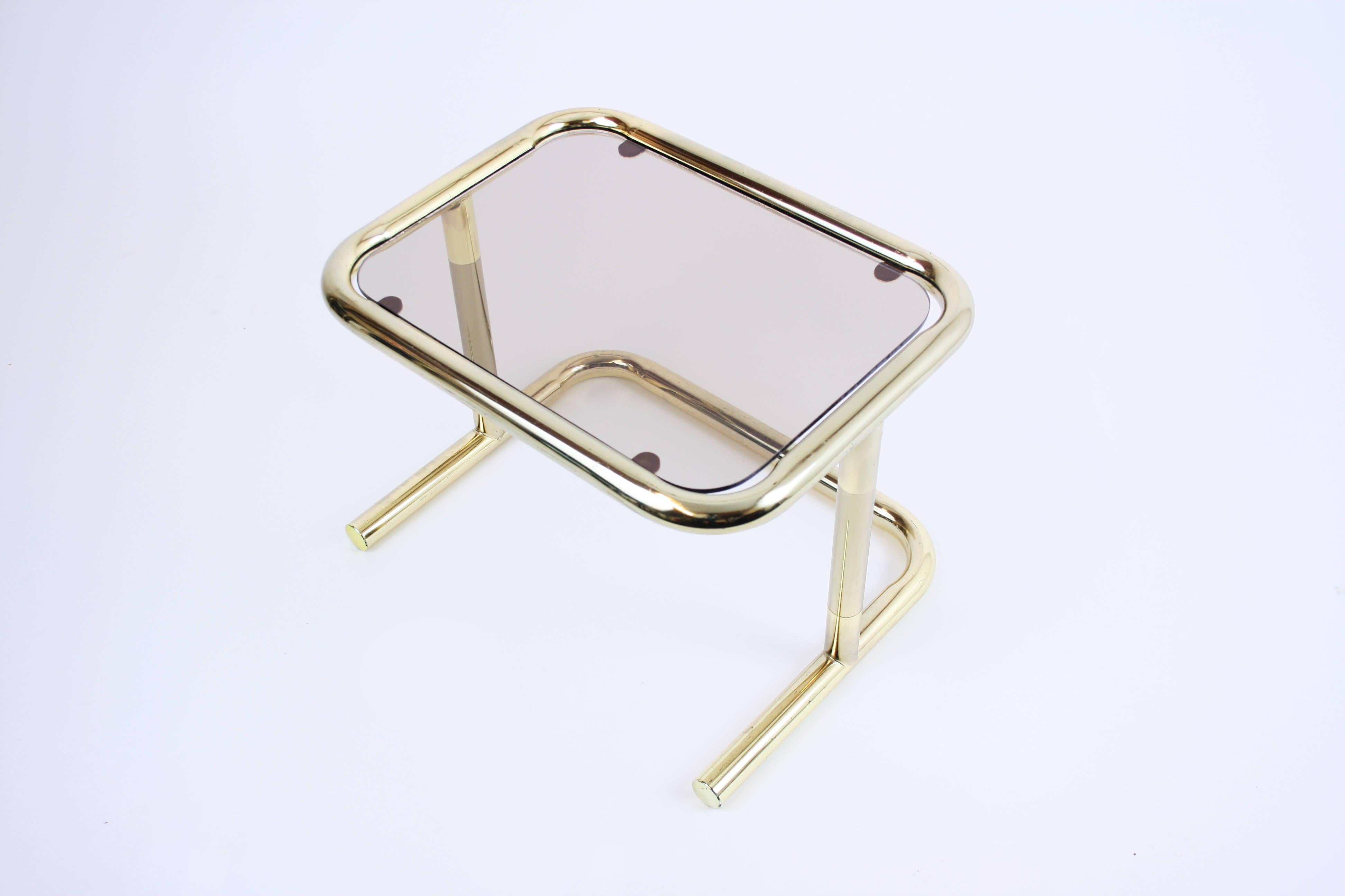 Nesting Table Set Attributed to Design Pierre Cardin, Brass Smoked Glass, France For Sale 4