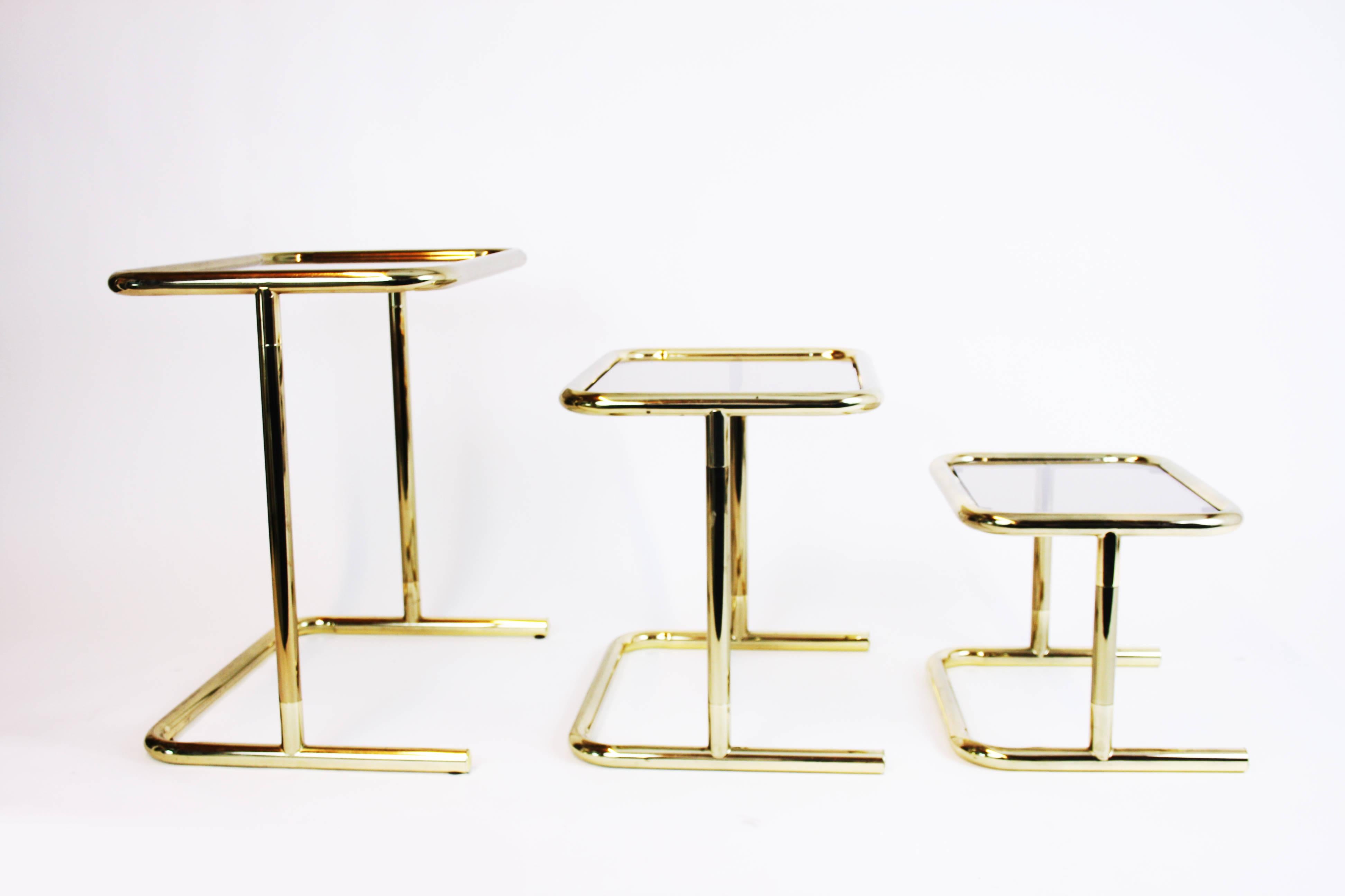 Nesting Table Set Attributed to Design Pierre Cardin, Brass Smoked Glass, France In Good Condition For Sale In Vienna, AT