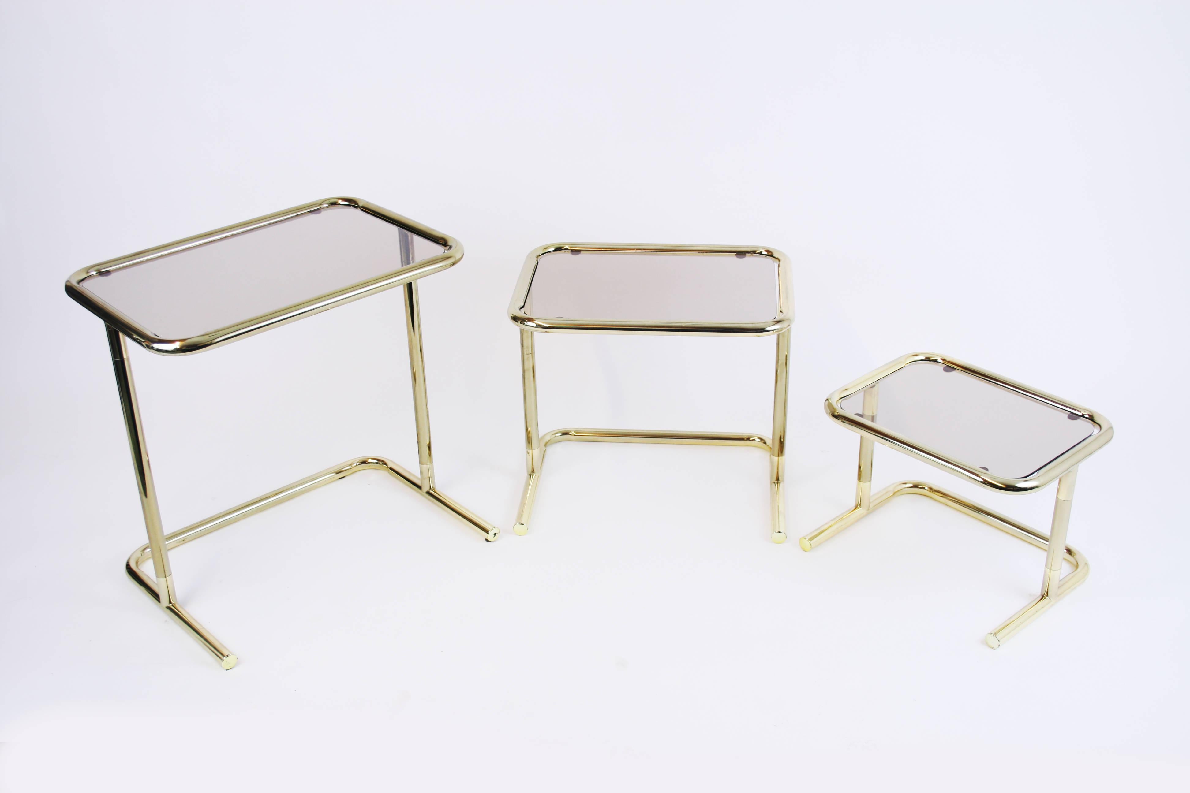 Nesting Table Set Attributed to Design Pierre Cardin, Brass Smoked Glass, France For Sale 1