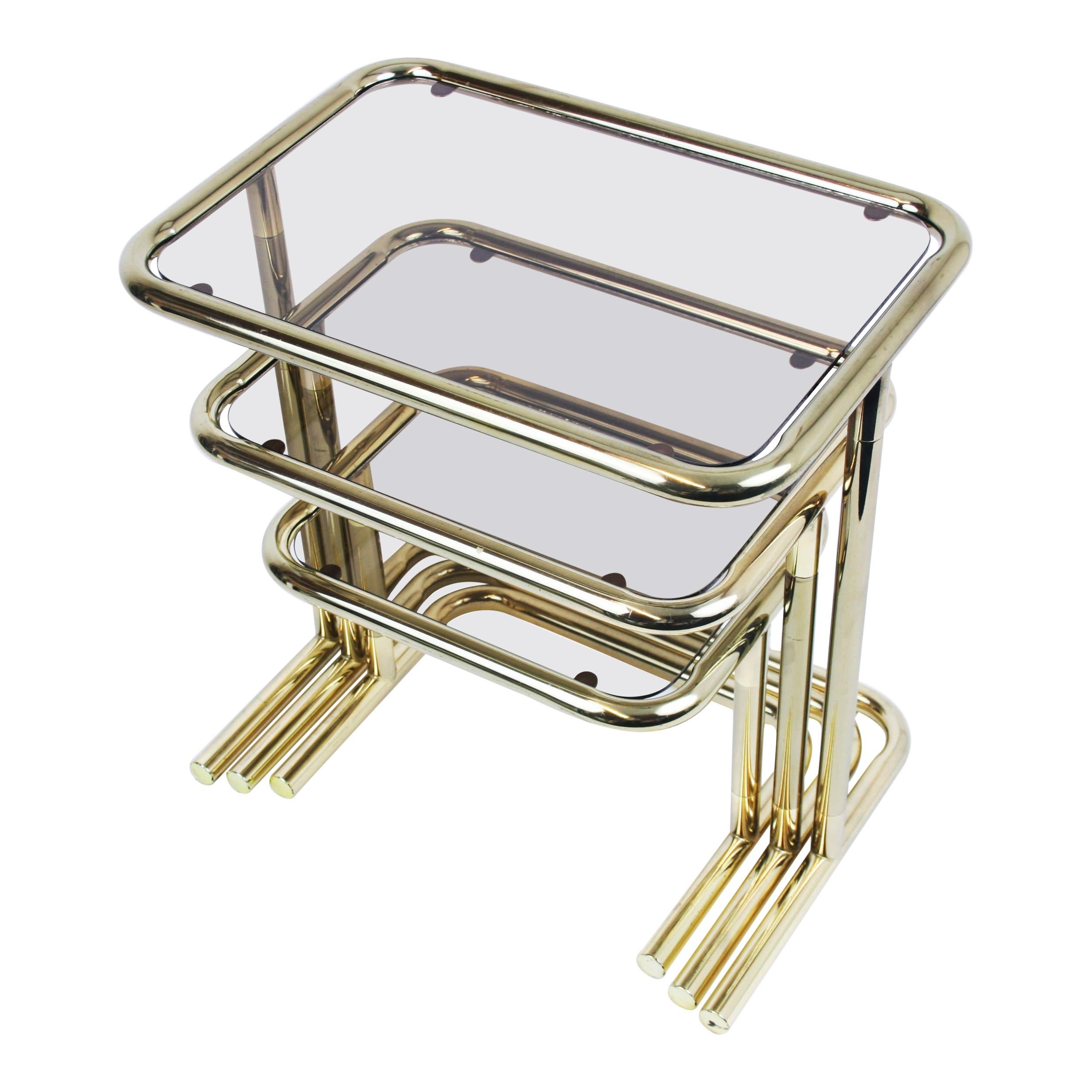 Nesting Table Set Attributed to Design Pierre Cardin, Brass Smoked Glass, France For Sale