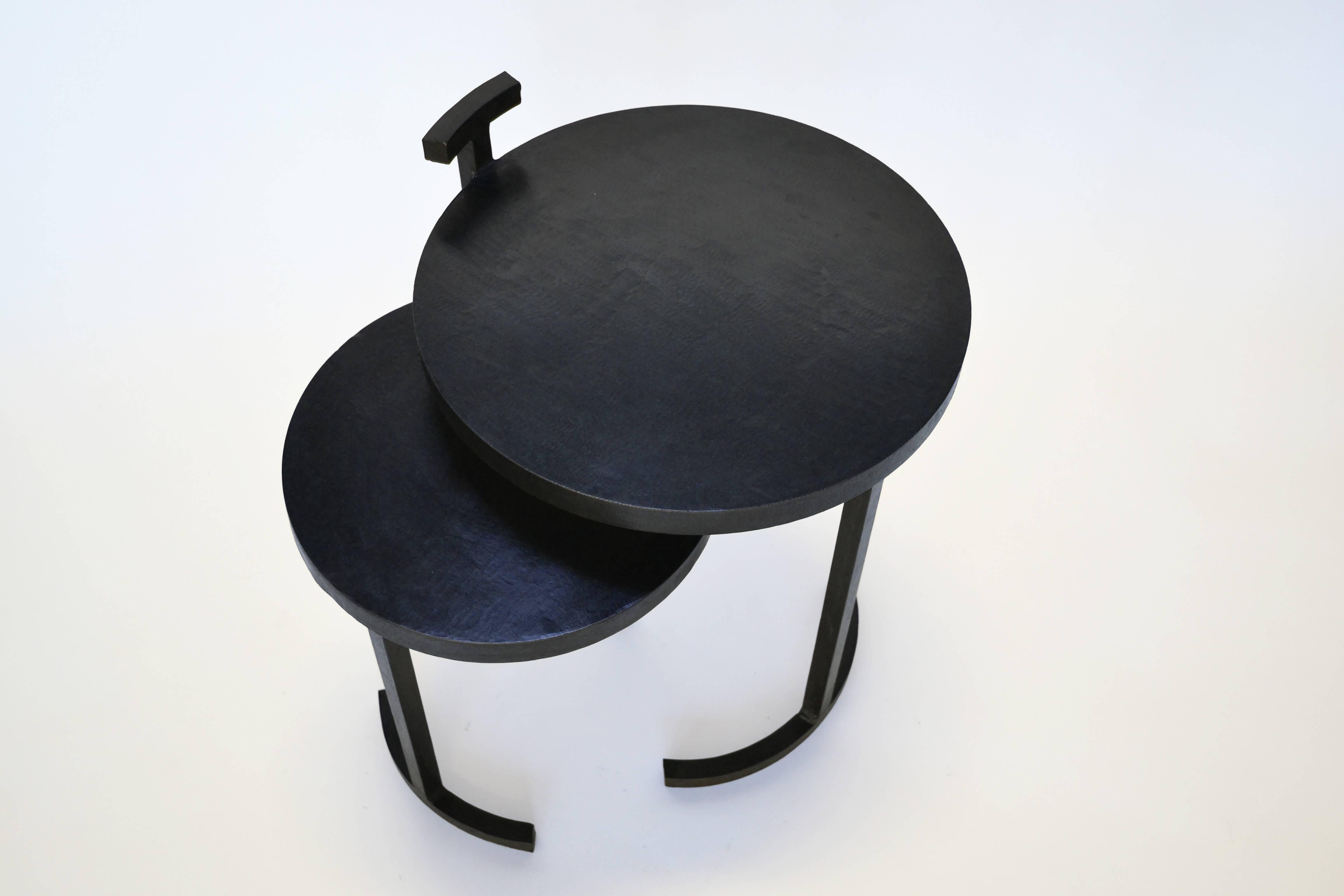 Forged Nesting Side Table Set Modern Round Pair End Table Cast Blackened Waxed Steel For Sale