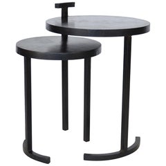 Nesting Side Table Set Modern Round Pair End Table Cast Blackened Waxed Steel