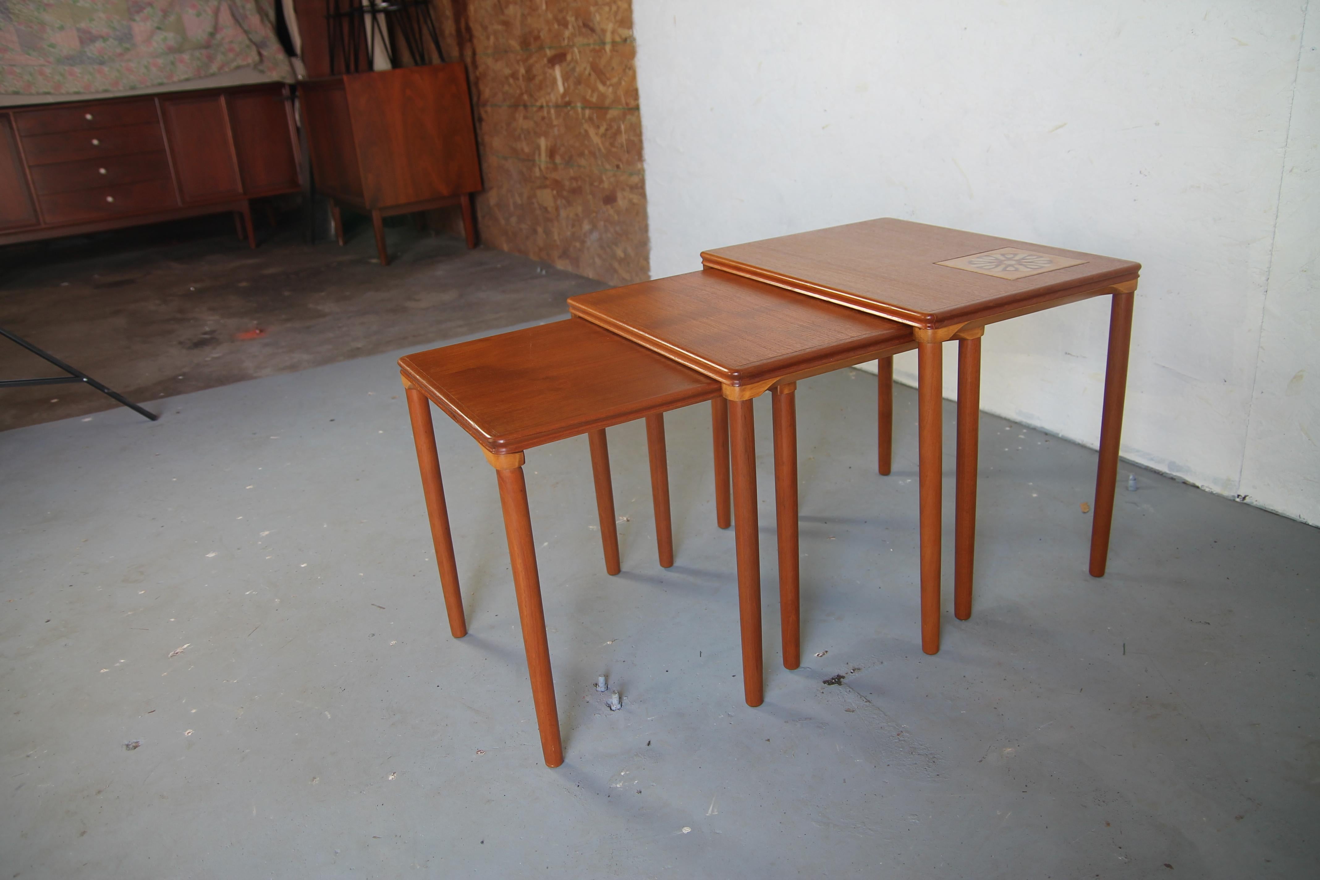 Great set of three nesting tables. Contrasting wood where top of leg attaches to top.