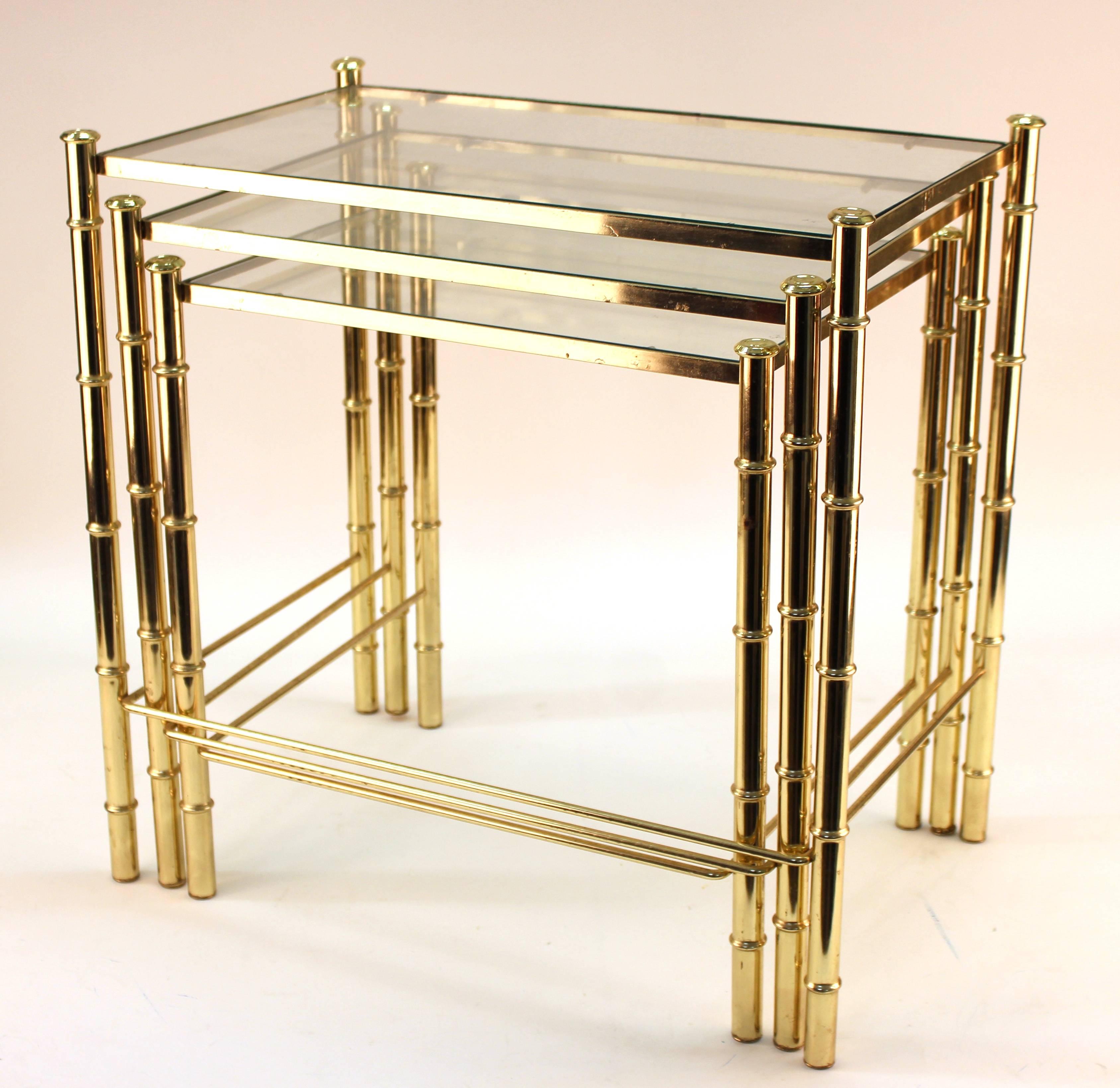 Nesting Tables and Magazine Stand Set with Faux Bamboo Design in Gilt Metal In Good Condition In New York, NY