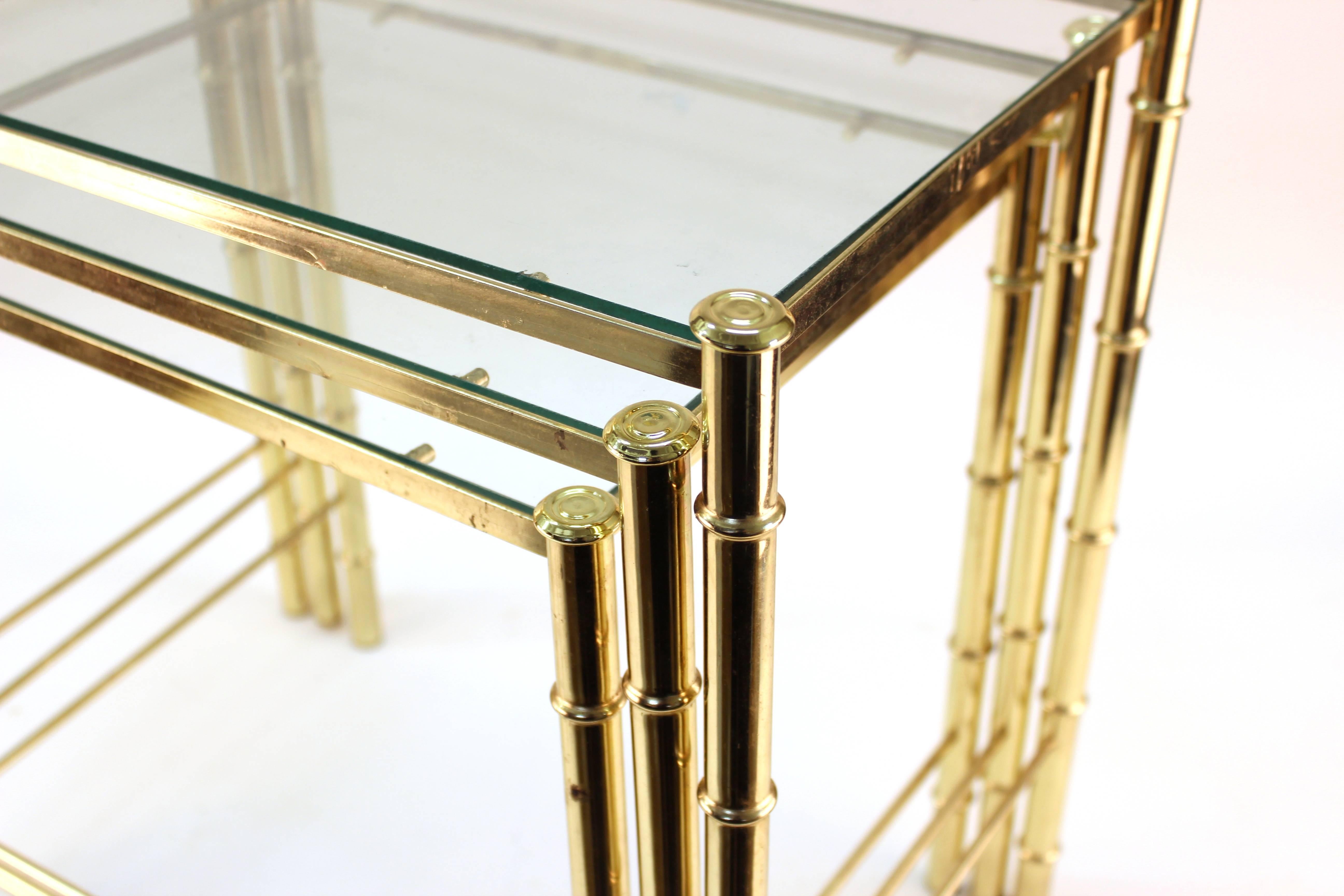 20th Century Nesting Tables and Magazine Stand Set with Faux Bamboo Design in Gilt Metal