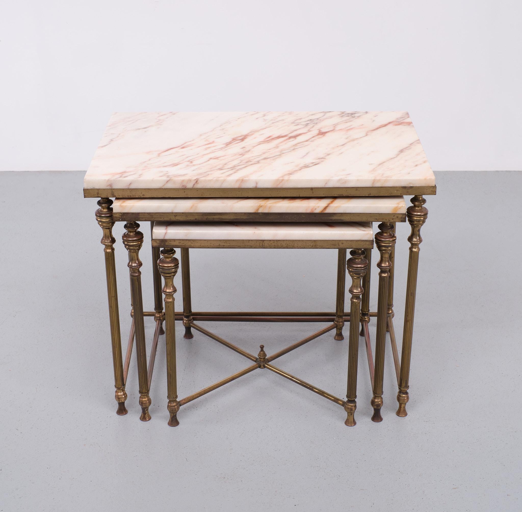 Hollywood Regency Nesting Tables Brass and Marble . 1950s France  For Sale
