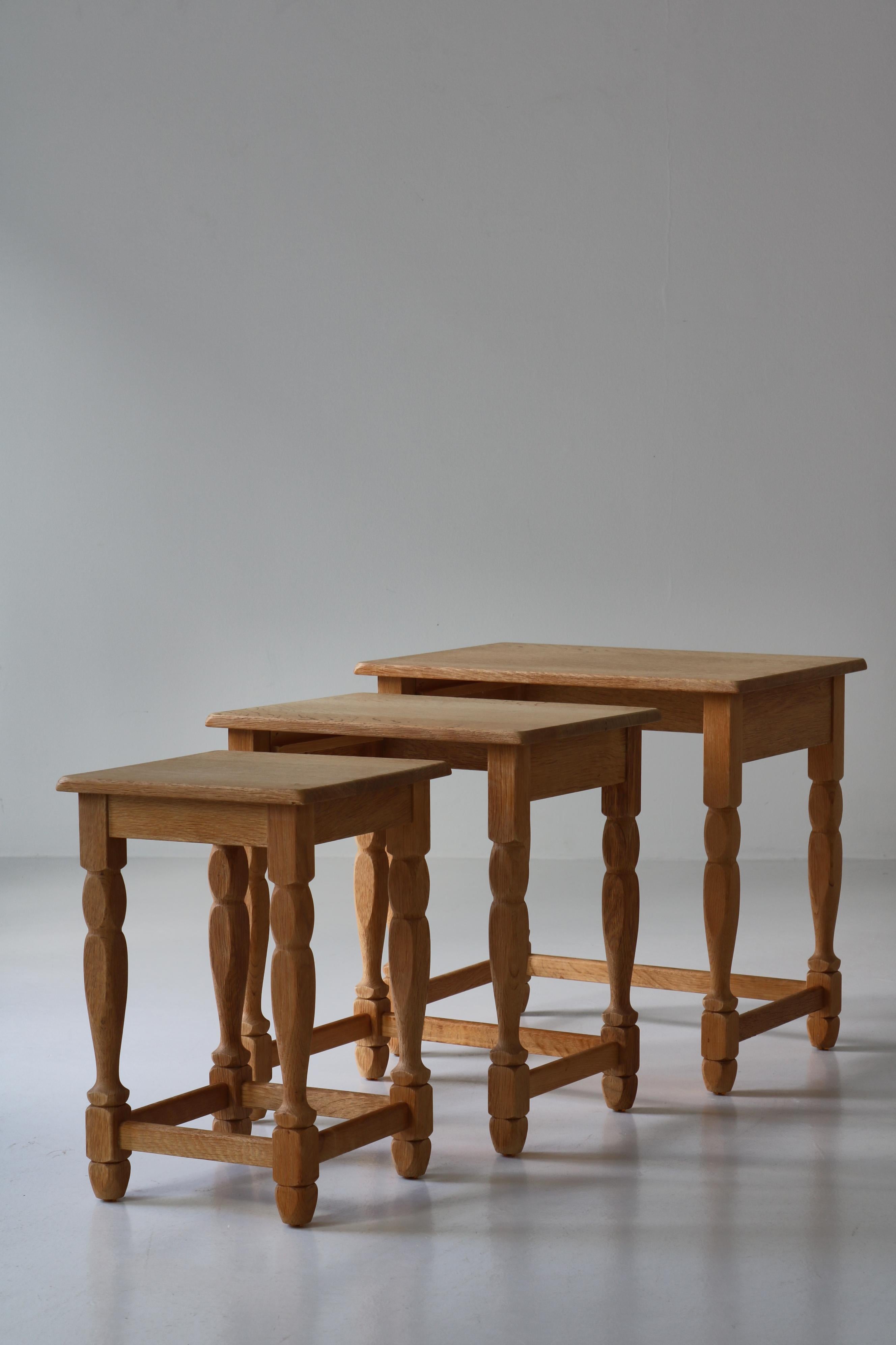 Mid-20th Century Nesting Tables by Henning Kjærnulf in Solid Quartersawn Oakwood, Denmark, 1960s For Sale