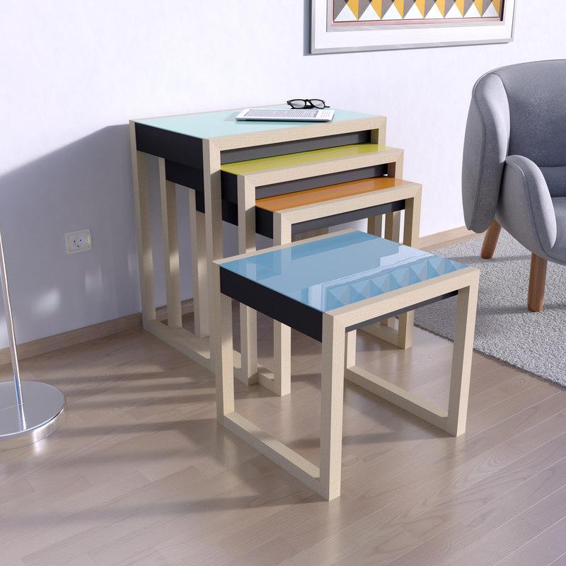Josef Albers's Nesting Tables is a set of 4 stepped nesting side tables based on an original design from 1926-27.  Albers designed the original set while teaching at the Bauhaus and always intended them as utilitarian, domestic objects. His