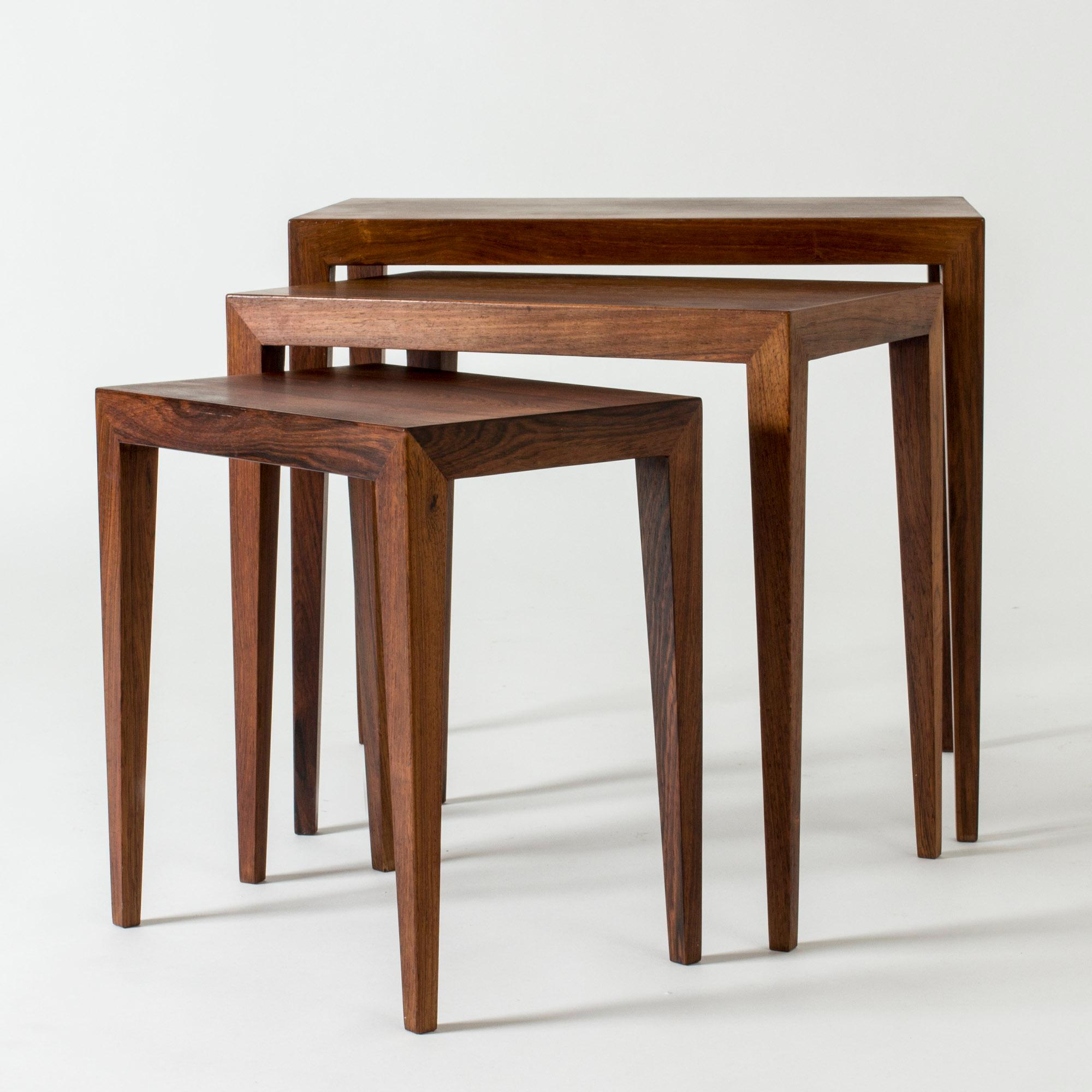 Rosewood nesting table by Severin Hansen with three, neat tables. Severin Hansen’s characteristic diagonal, seamless joinery at the corners.