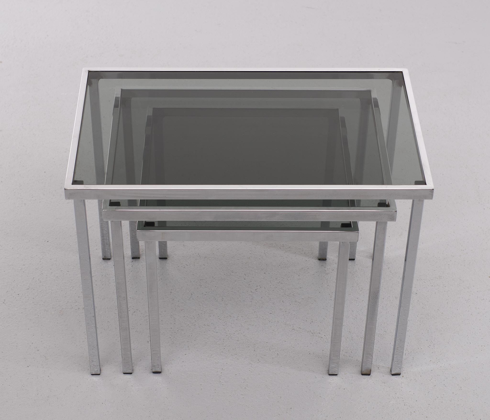 Space Age Nesting Tables Chrome Frame Smoked Glass 1970s For Sale