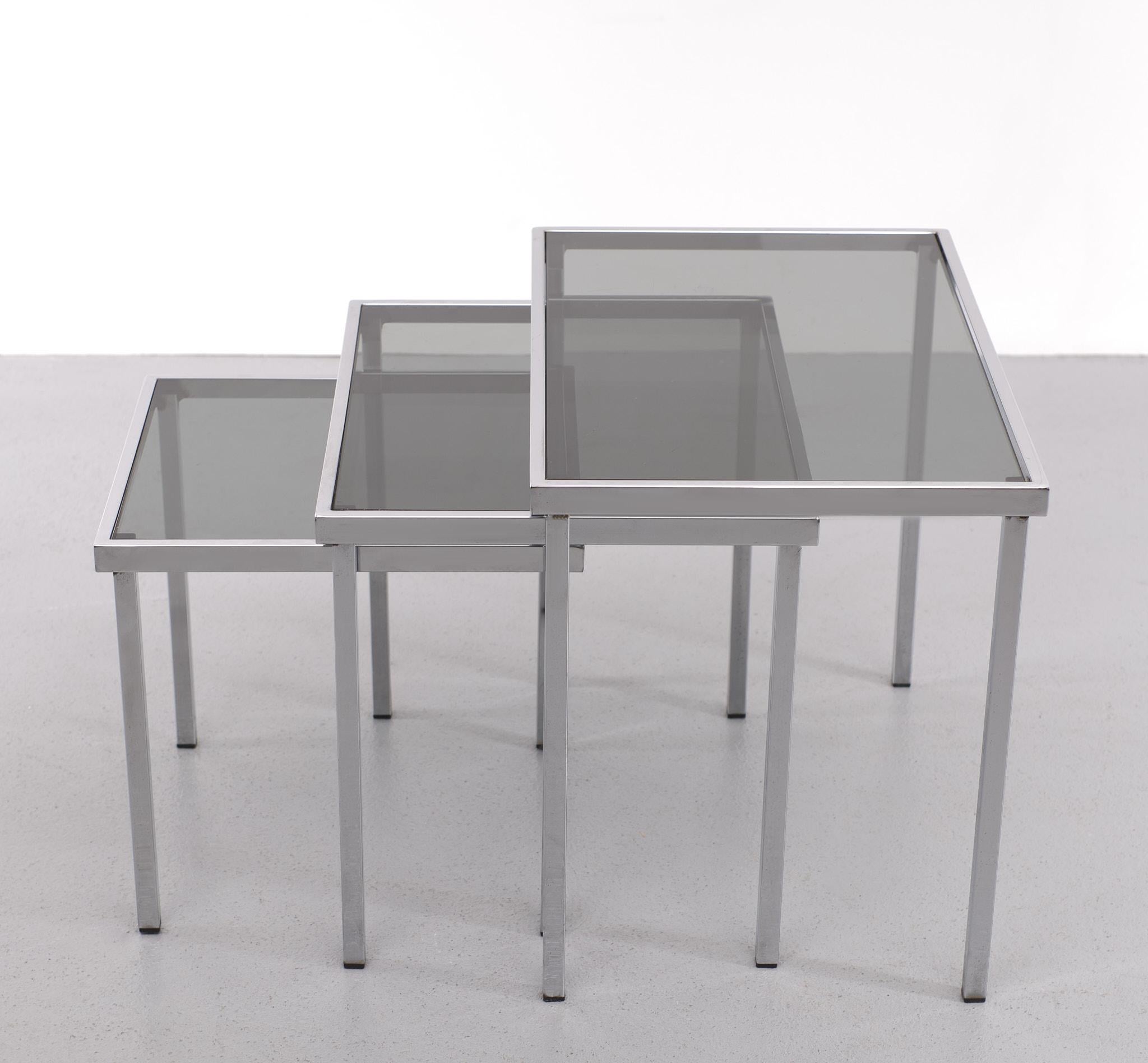 Nesting Tables Chrome Frame Smoked Glass 1970s In Good Condition For Sale In Den Haag, NL