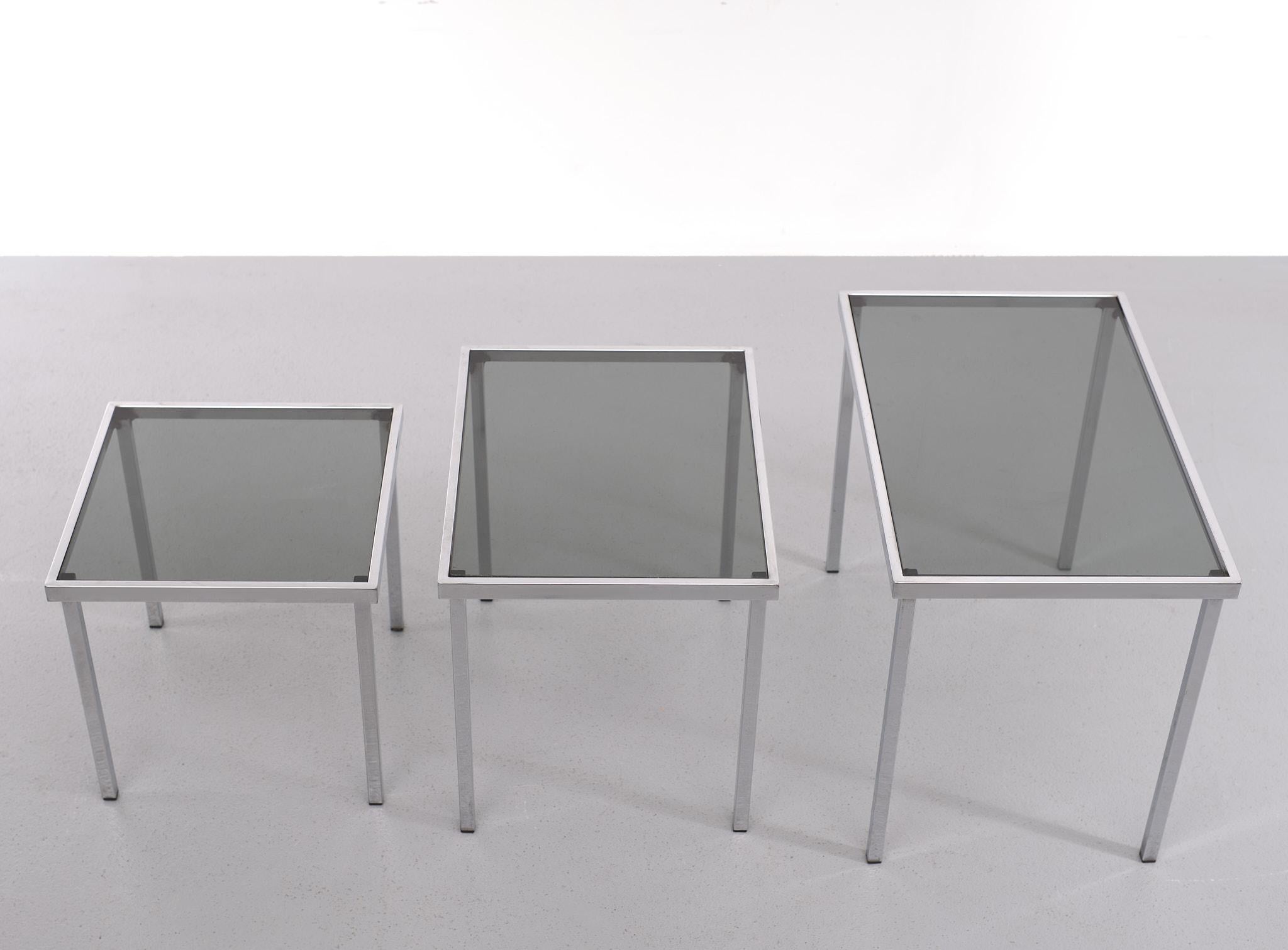 Nesting Tables Chrome Frame Smoked Glass 1970s For Sale 1