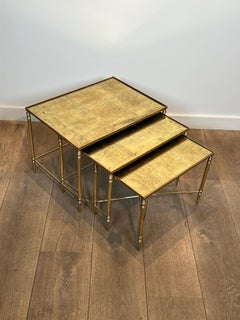 Set of 3 Brass Nesting Tables With Gold Leaf Tops. French Work by Maison Jansen