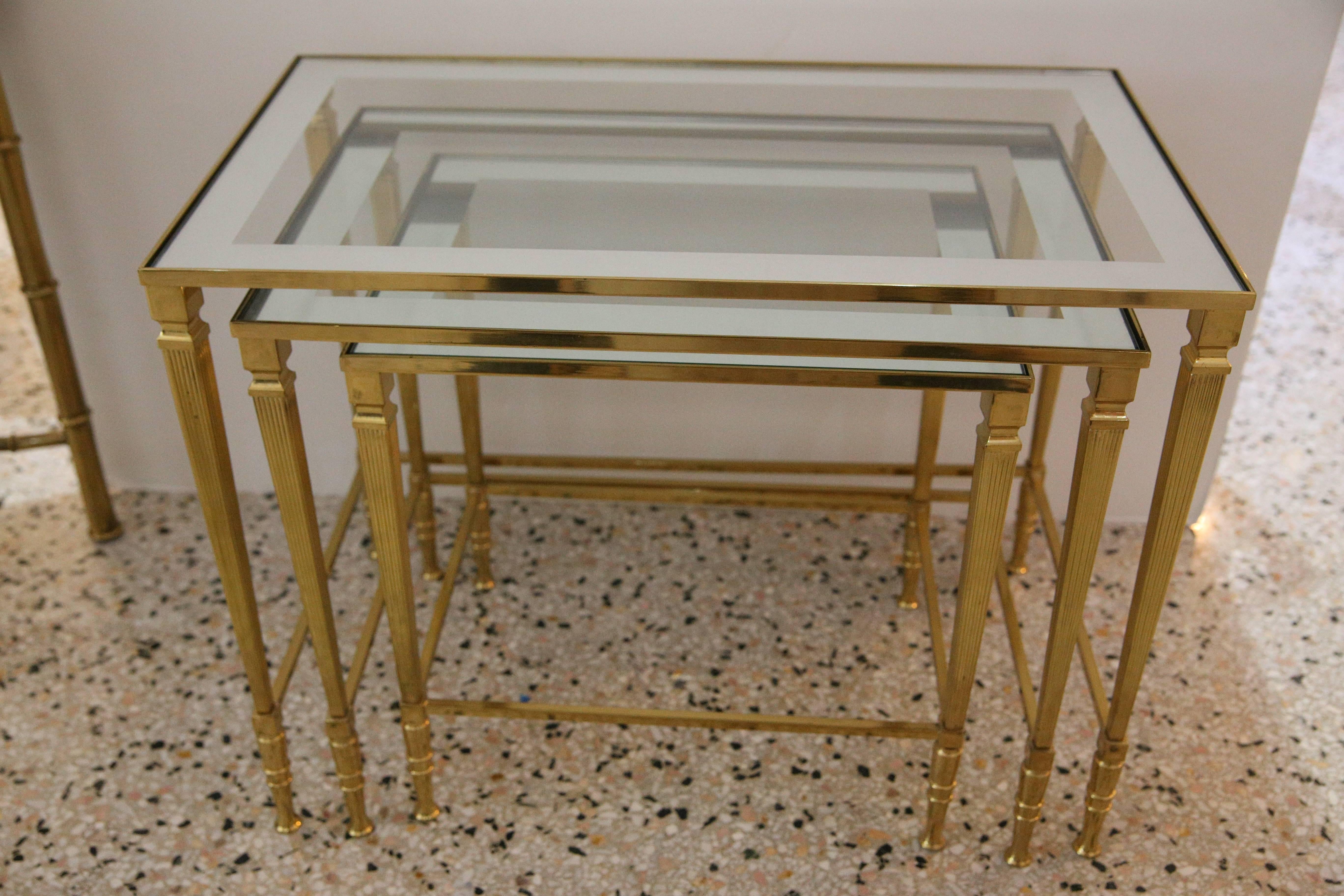 Hollywood Regency  Nesting Tables in Brass, Glass and Mirror