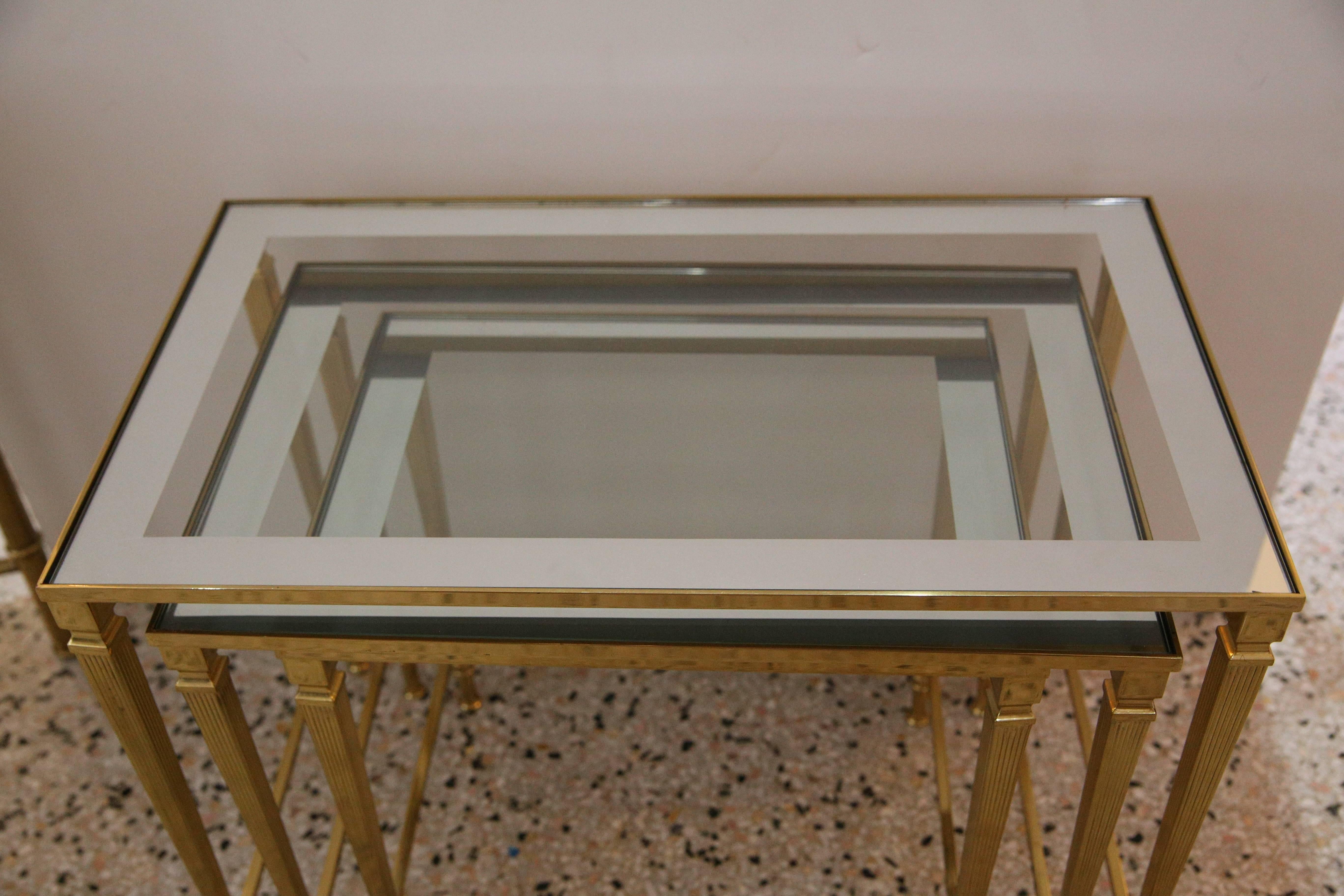 French  Nesting Tables in Brass, Glass and Mirror