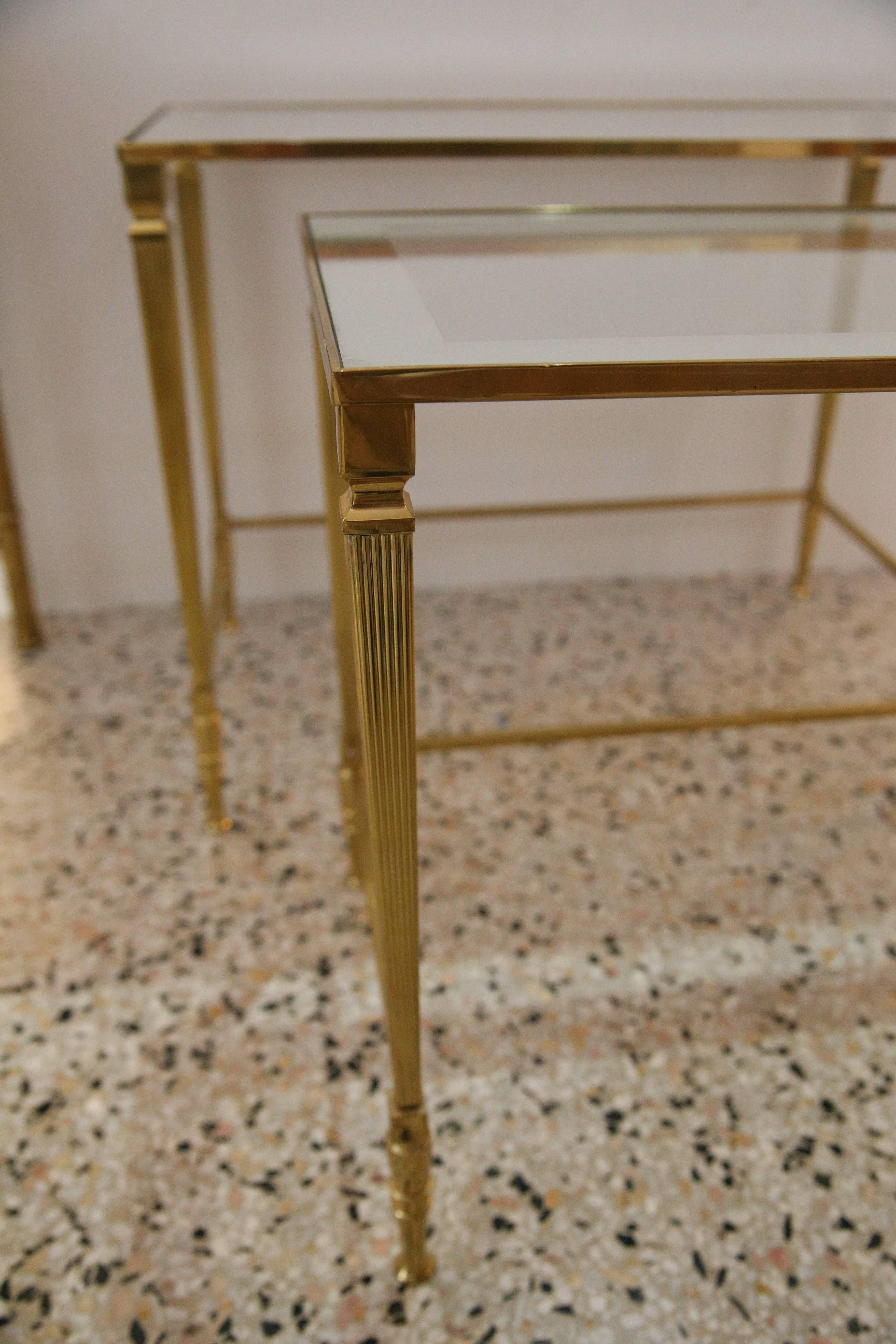 Polished  Nesting Tables in Brass, Glass and Mirror
