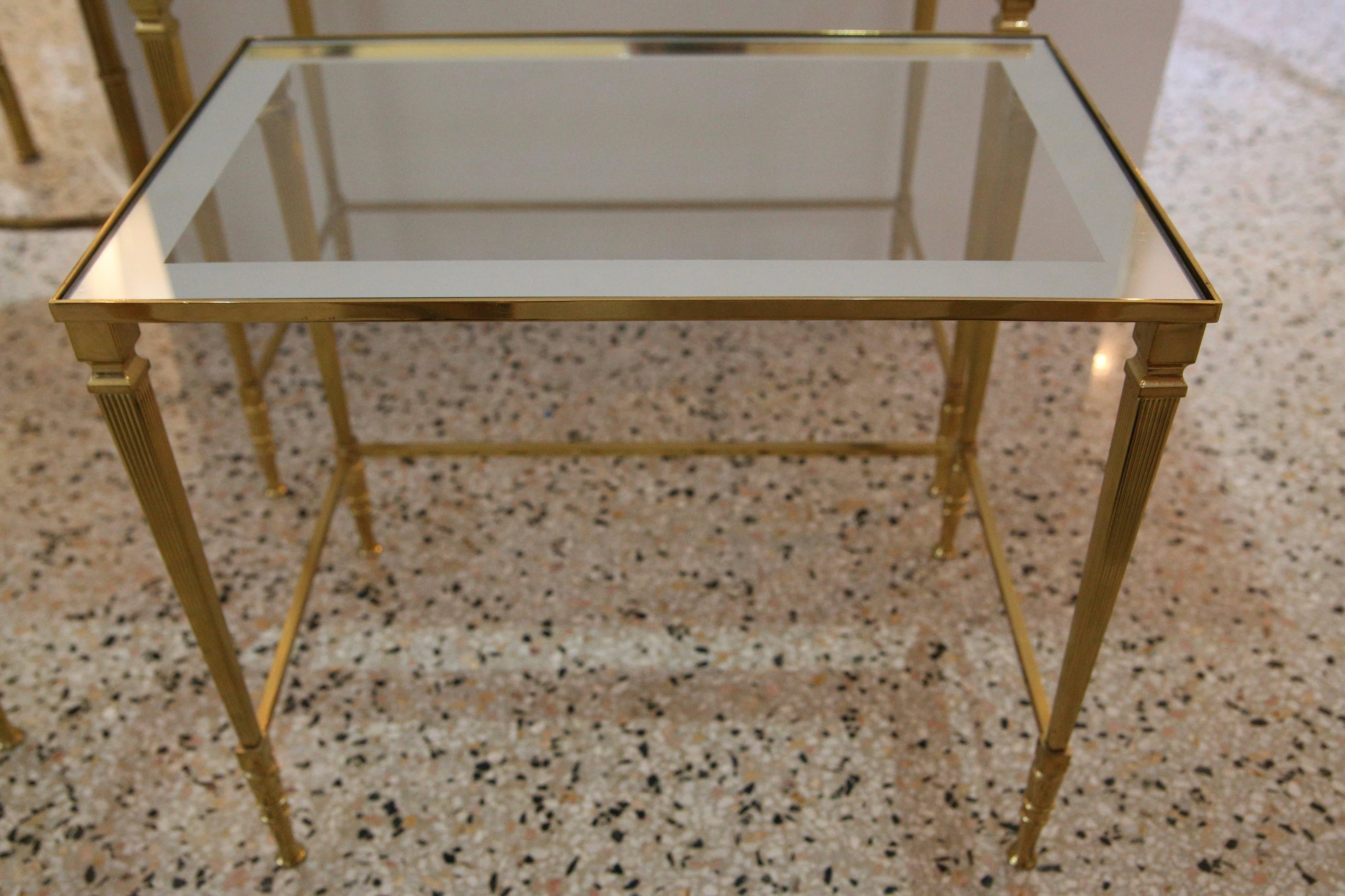 20th Century  Nesting Tables in Brass, Glass and Mirror