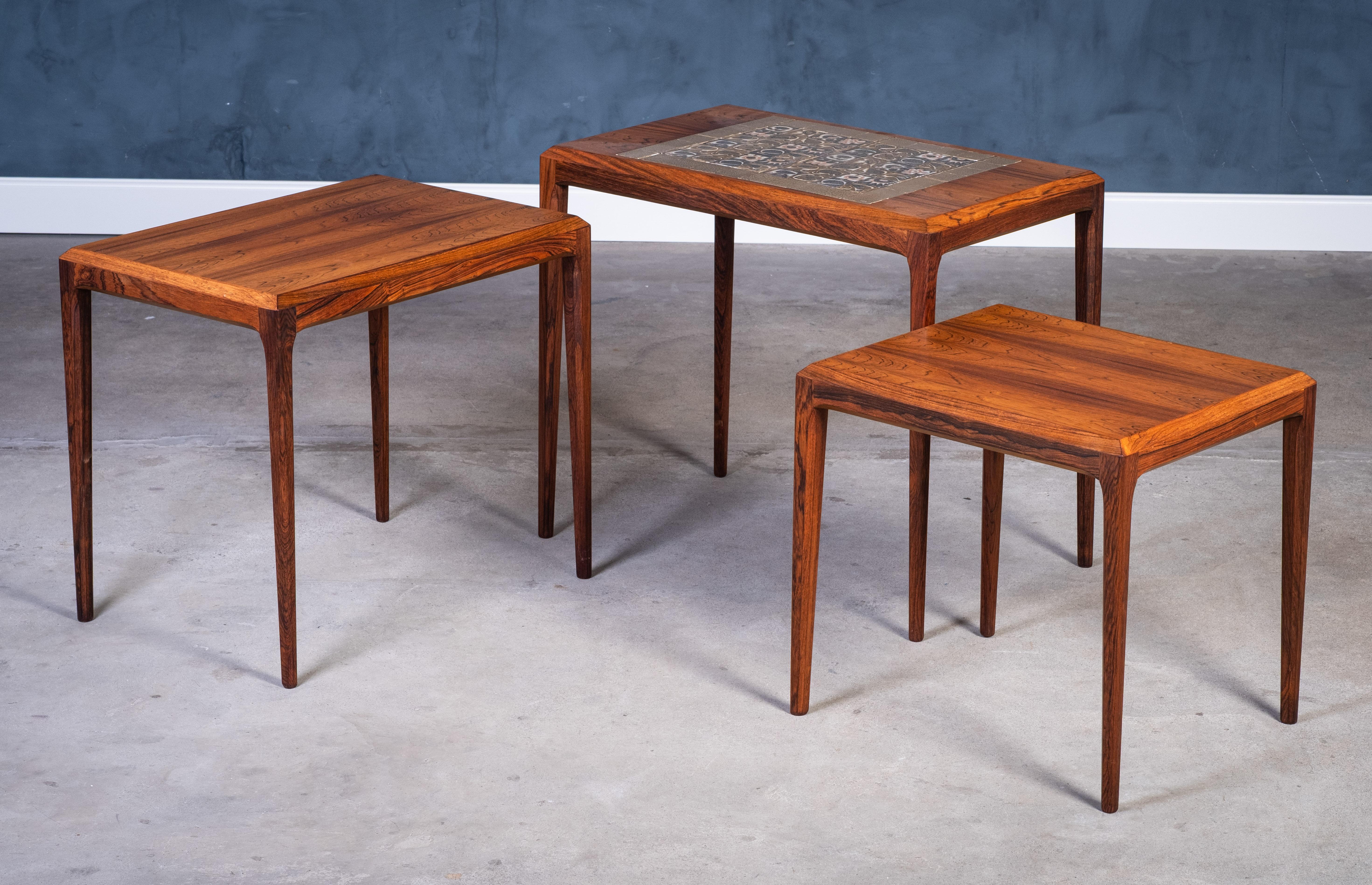 Mid-Century Modern Nesting Tables in Rosewood with Tiles by Johannes Andersen for CFC, 1960s For Sale