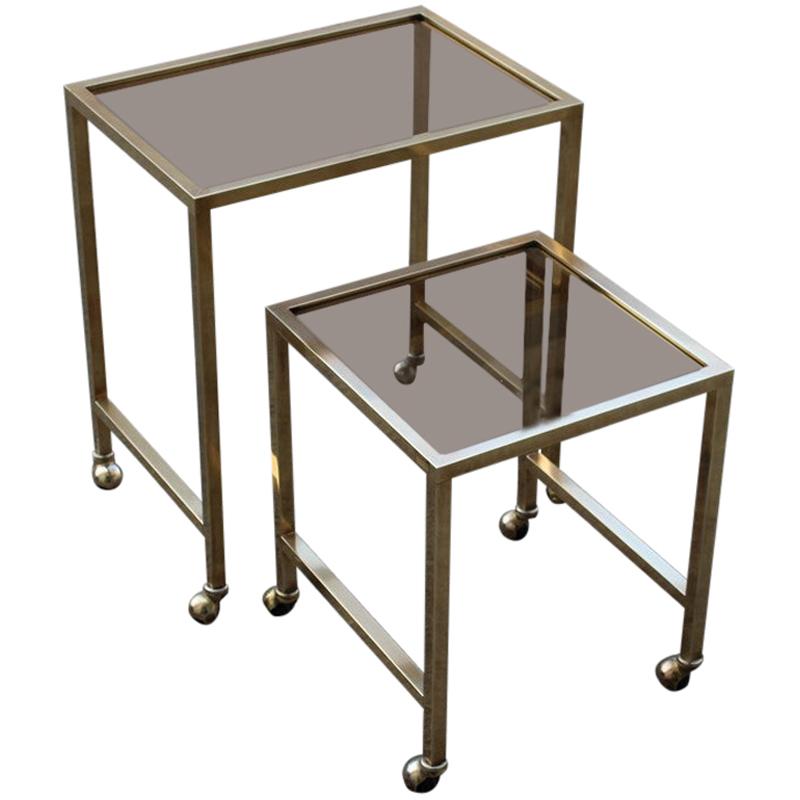 Nesting Tables Italian Design 1970 in Solid Brass with Wheels