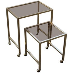 Vintage Nesting Tables Italian Design 1970 in Solid Brass with Wheels