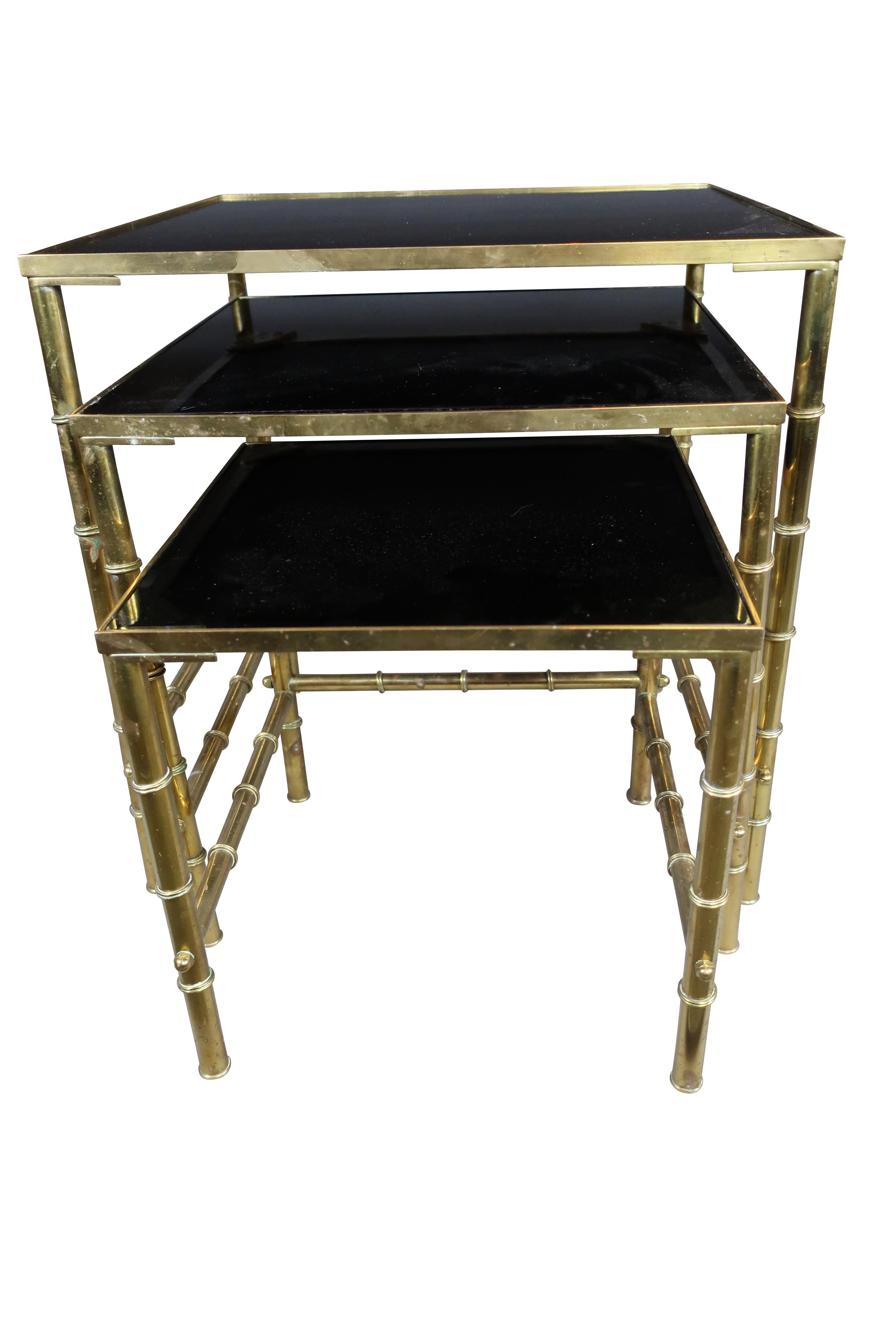 Set of three (3) Mid-Century Modern gold gilt metal faux bamboo nesting table with amethyst glass tops largest measures: 19-1/4