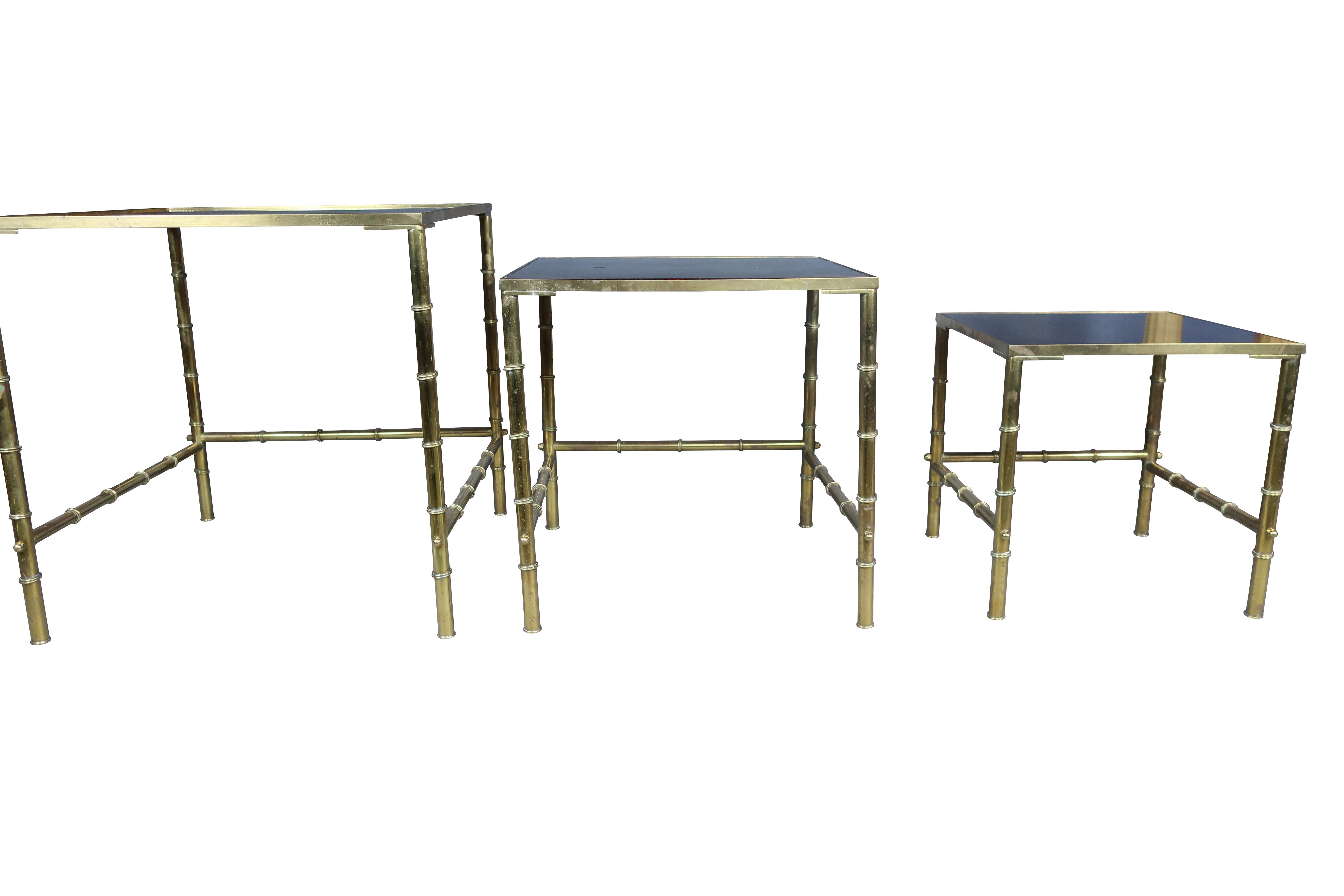 American Gold Faux Bamboo Nesting Tables with Amethyst Glass For Sale