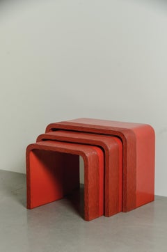 Nesting Tables w/ Pleats Design in Red Lacquer (Set of 2) by Robert Kuo
