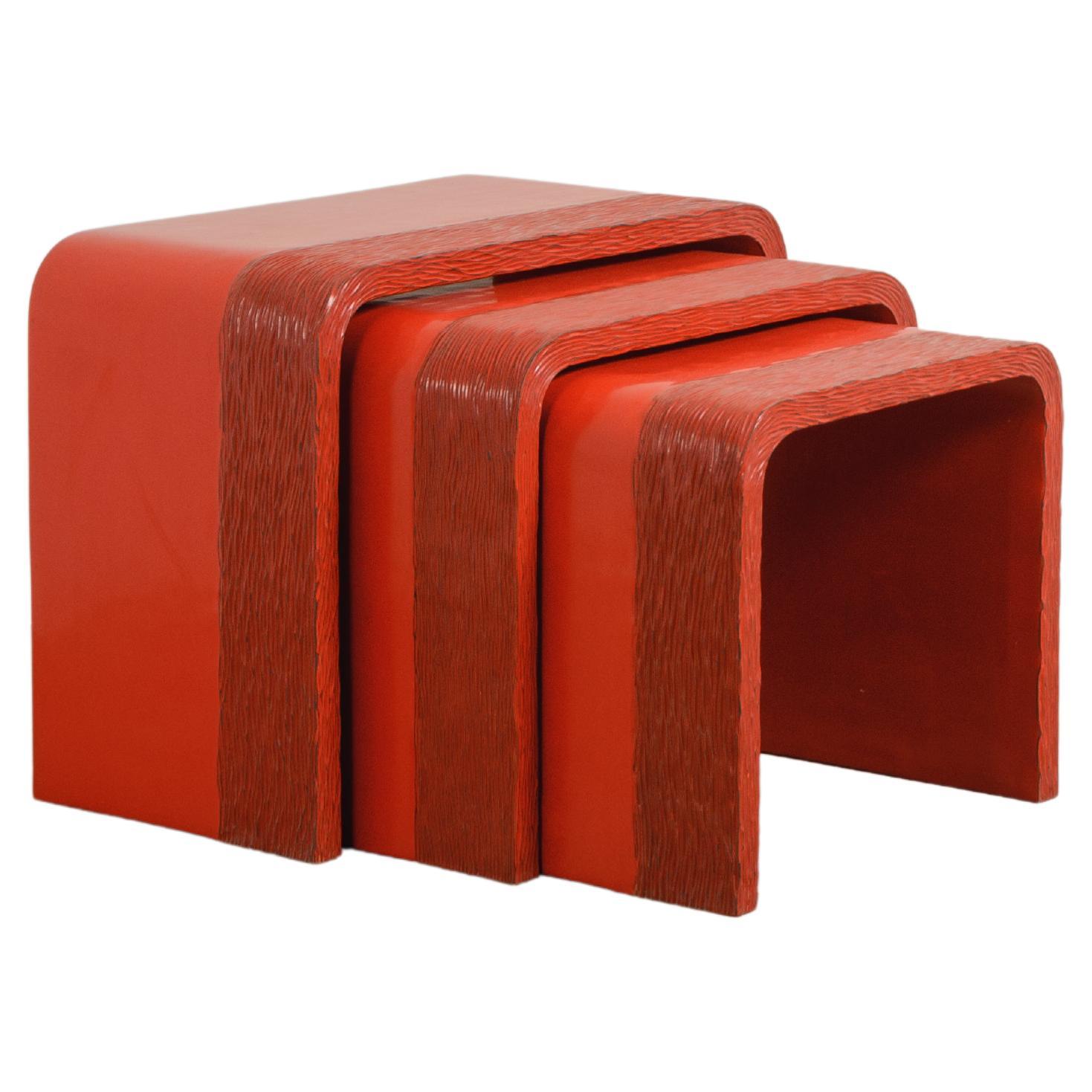 Nesting Tables w/ Pleats Design in Red Lacquer (Set of 2) by Robert Kuo