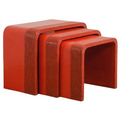 Nesting Tables w/ Pleats Design in Red Lacquer (Set of 2) by Robert Kuo