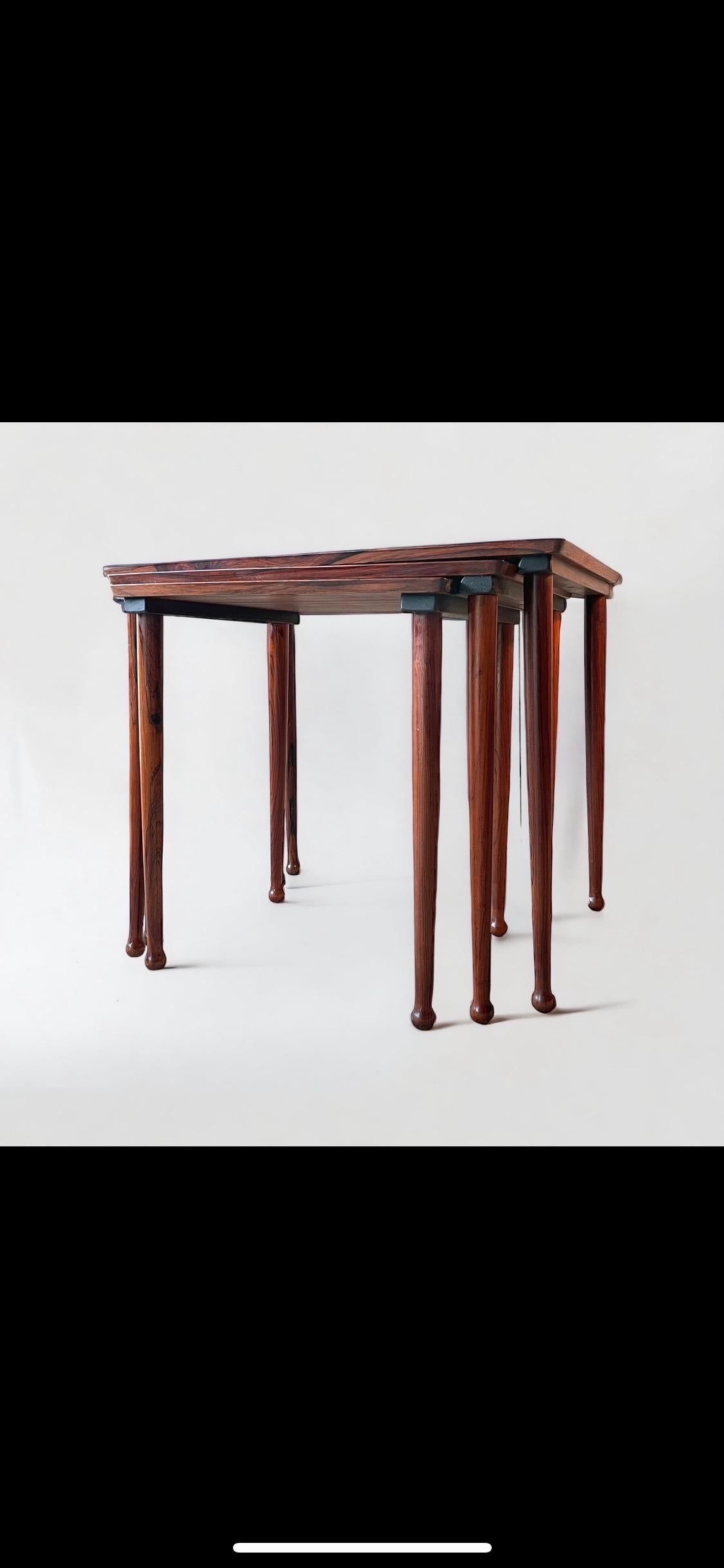 Amazing and Rare nesting tables with drumstick legs by Jørgen Aakjær Jørgensen. Denmark 1960s

H 47, 55 x 44 cm.
Produced by Møbelintasia, Bramming.