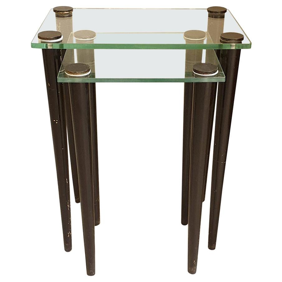 Nesting Two Mid-Century Modern Side Tables, Glass & Black Wood Legs, Italy, 1960