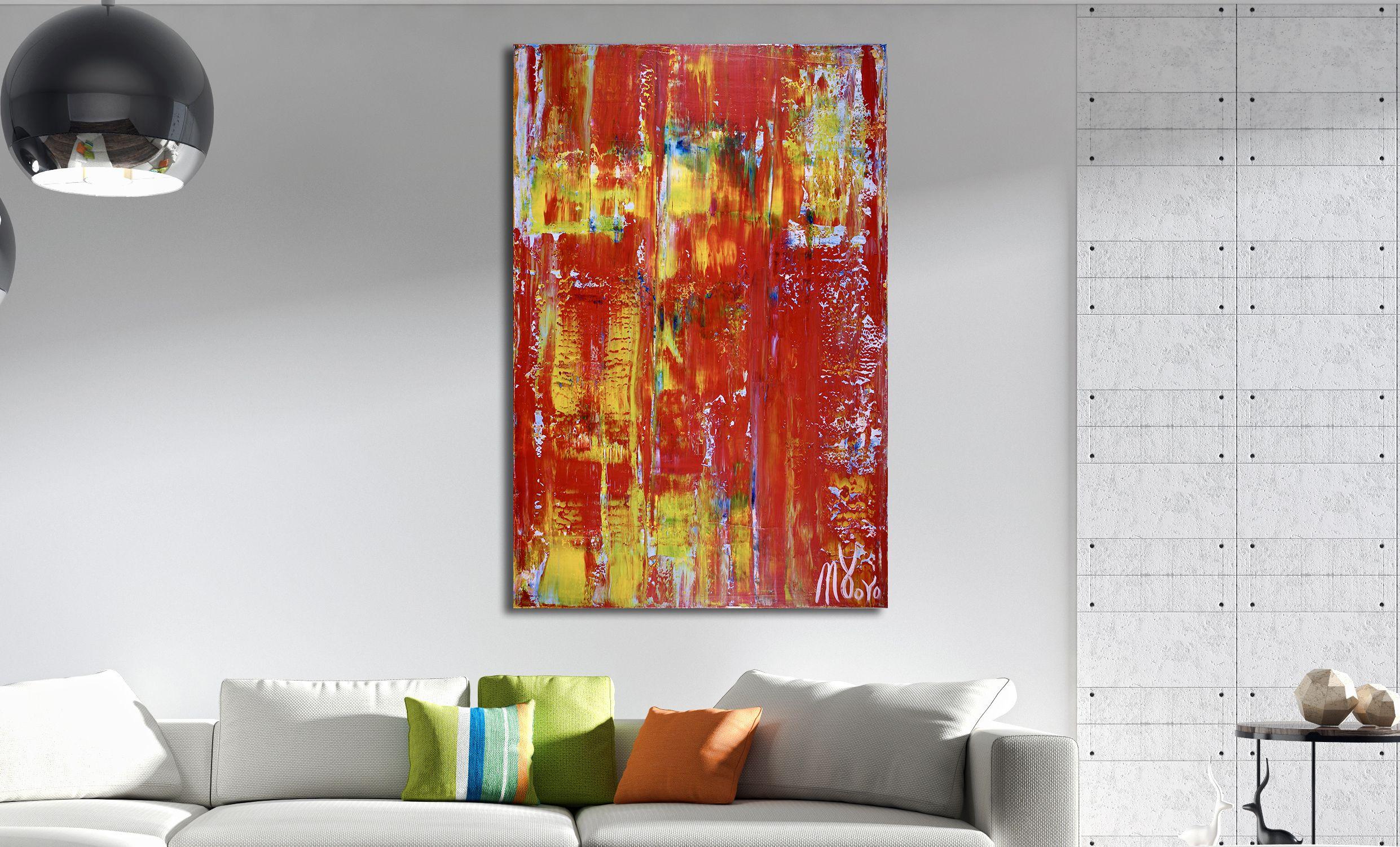 A Fuego ! est une œuvre audacieuse, texturée et stratifiée avec beaucoup de rouge, de jaune et de couleurs vives qui se mélangent et fusionnent toutes les nuances. Signé, prêt à être accroché.   Cette peinture abstraite originale et unique a été