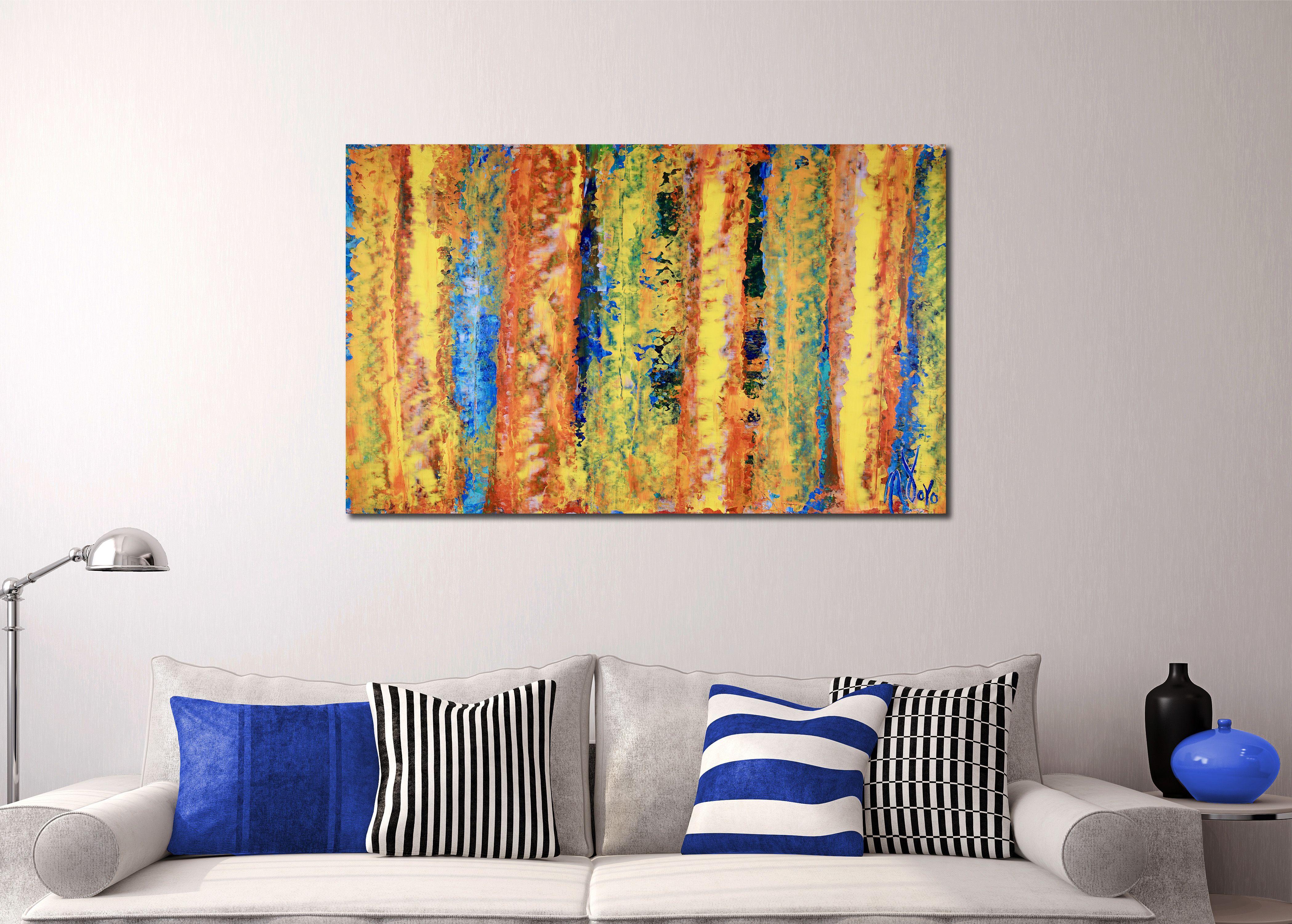 Champ de couleurs abstraites acryliques brillantes. Beaucoup de mélanges de couleurs et une peinture très contemplative. Les couleurs comprennent l'orange, le vert, le jaune et le bleu. Peinture abstraite très expressive. Signé.     Réalisé sur une