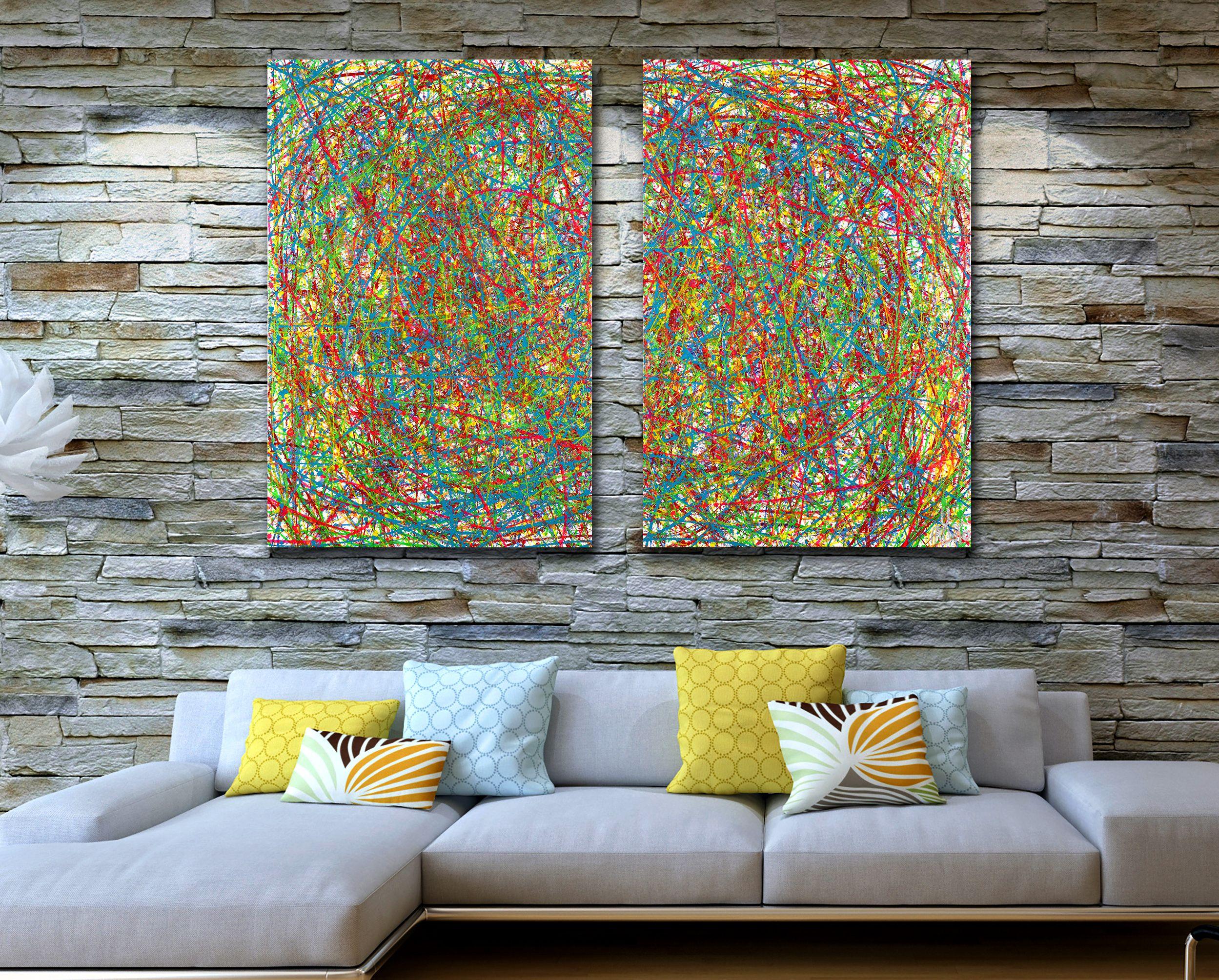Expressionistic abstract painting with synchronized drizzles in turquoise blue, yellow, iridescent clear paint, green, red, orange, teal and lots of iridescence over pearly white. Completed with gestural motion and energy. Can be displayed in