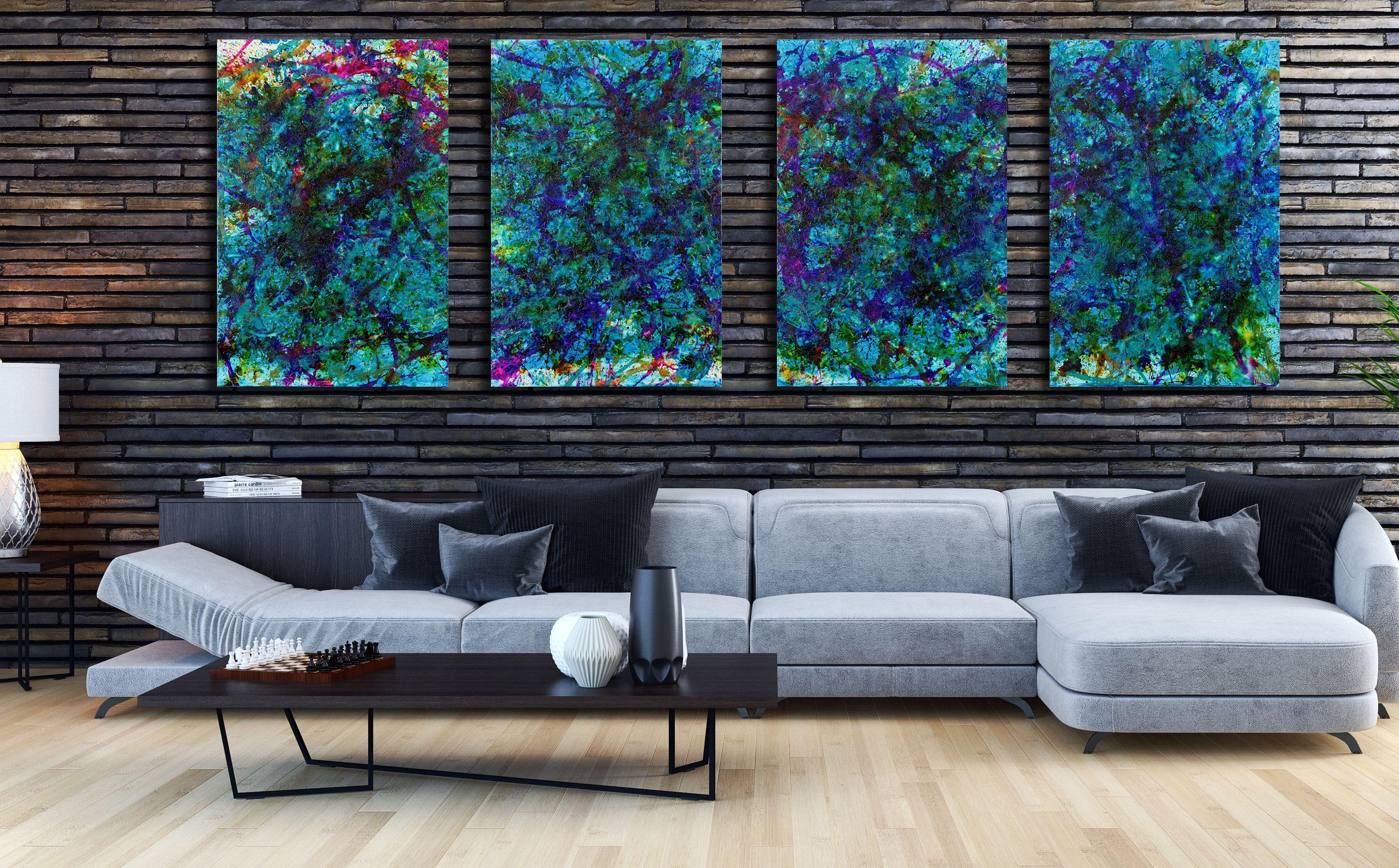 Vibrant and contemplative abstract mixed media painting consisting on 4 canvas 24 W x 36 H x 0.7 D in each one. Teal, iridescent orange, shades of blue, yellow, turquoise, clear gloss paint. This painting is very glossy can be displayed together or