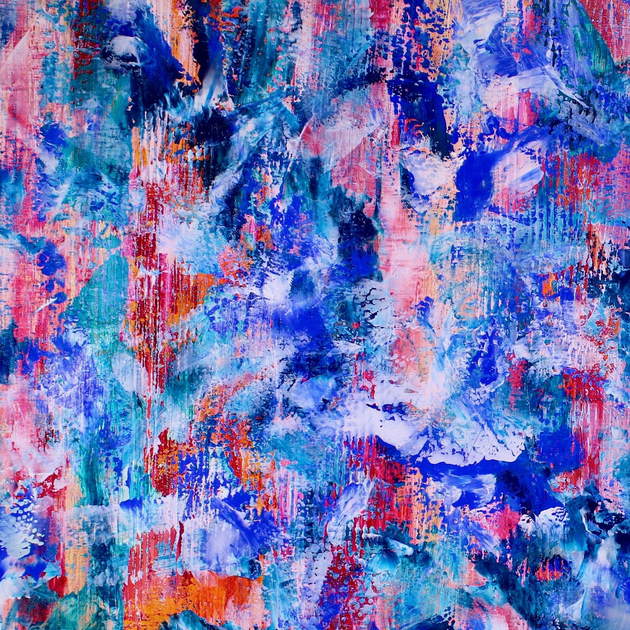 Campo di colore astratto in acrilico ispirato ai viaggi: arancione, viola, rosso, blu, effetti iridescenti su tutto il campo con altri colori brillanti a contrasto. Texture e stratificazione con acrilici e medium. Firmato, Pronto per essere appeso. 