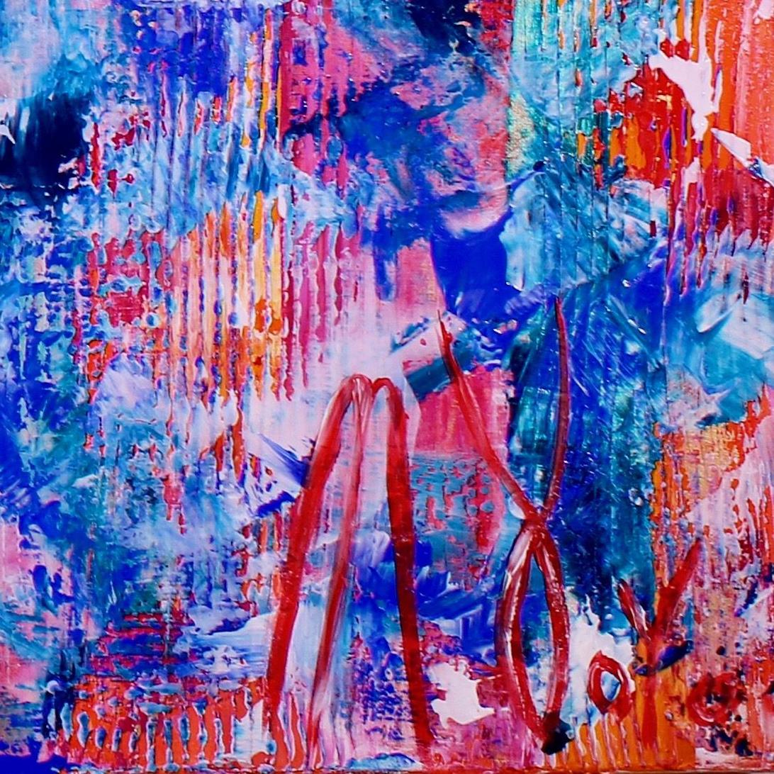 Acrylic abstract travel inspired color field orange, purple, red, blue, iridescent effects all over with other bright contrasting colors. Textured and layered with acrylics and mediums. Signed, Ready to hang.     ORIGINAL FINE ABSTRACTS - ONE OF A
