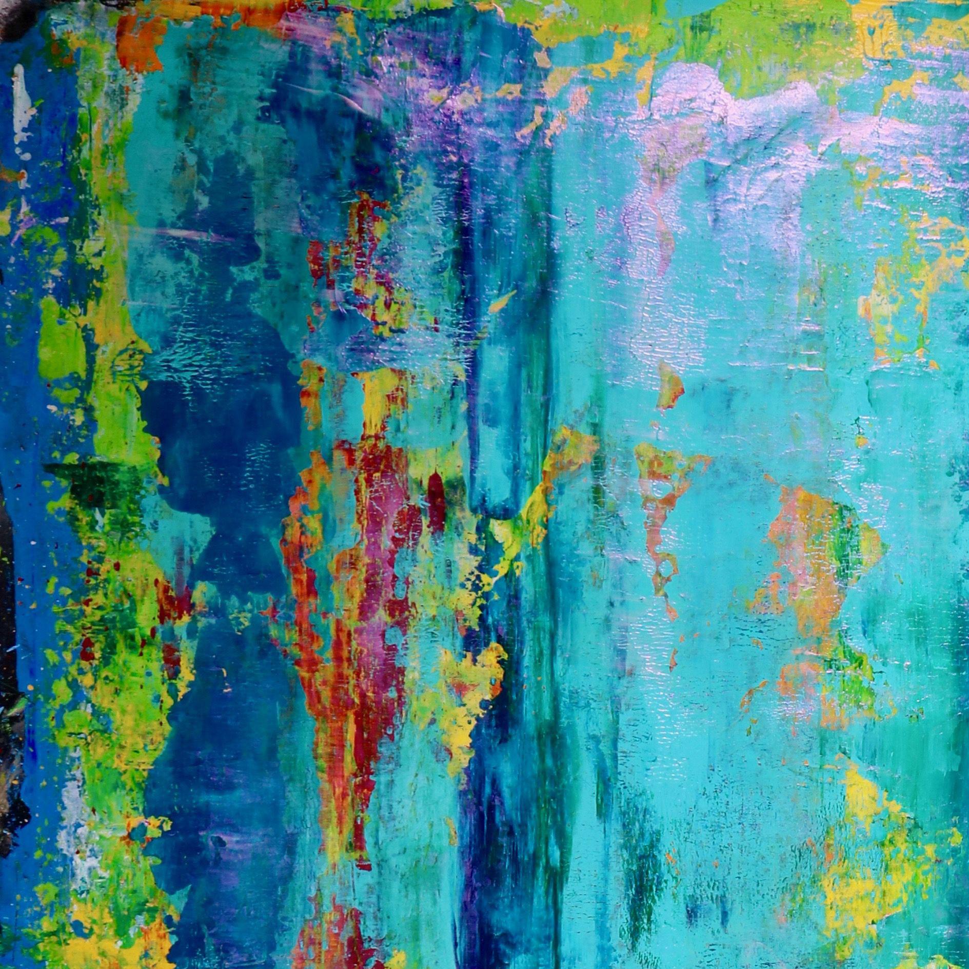 Este impresionante cuadro abstracto original, único en su especie, es una auténtica obra de arte.  El artista ha utilizado mucha textura sobre lienzo estratificado con gesso utilizando acrílicos translúcidos fluidos y medios iridiscentes dejando