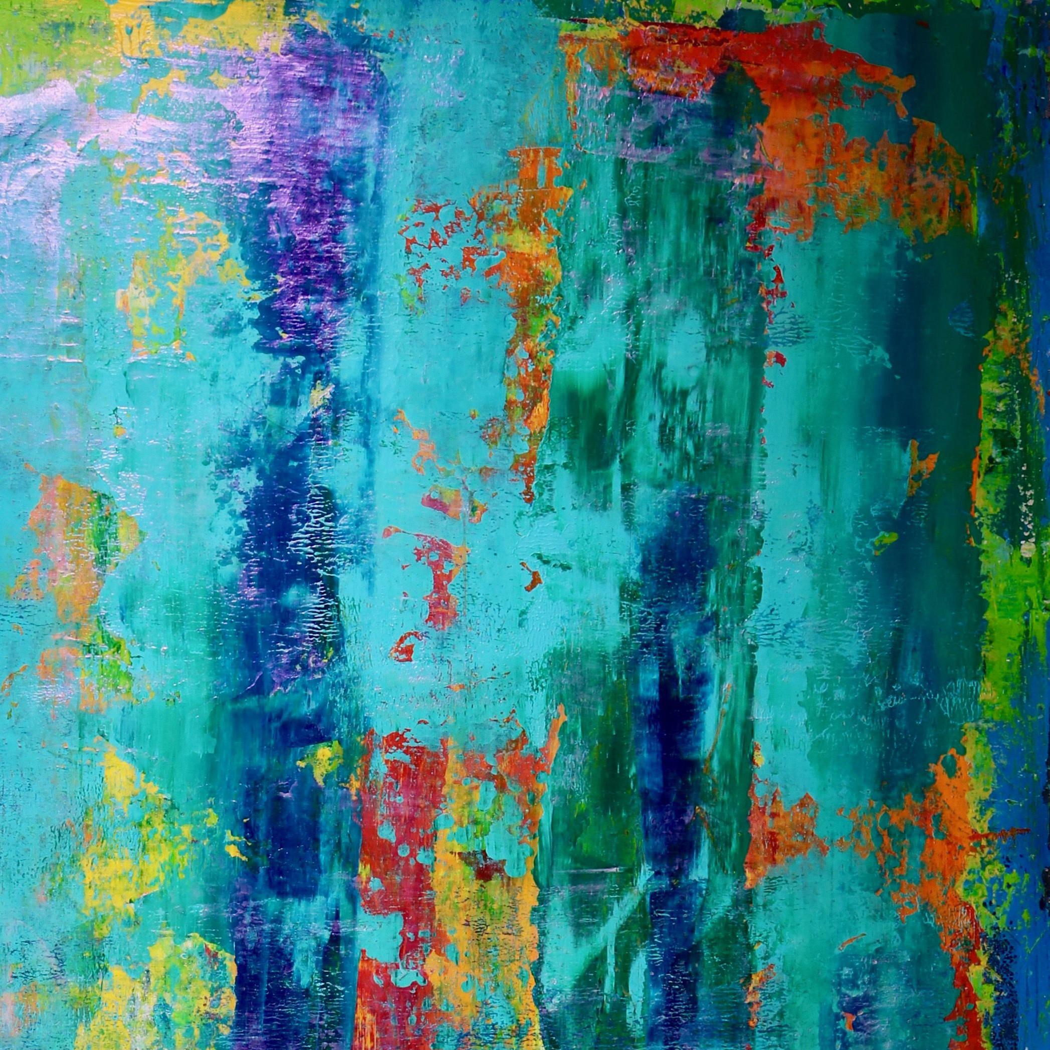 This stunning one-of-a-kind original abstract painting is a true statement piece.  The artist has used lots of texture over gesso layered canvas using fluid translucent acrylics and iridescent mediums dropping paint layers on top of layers to make