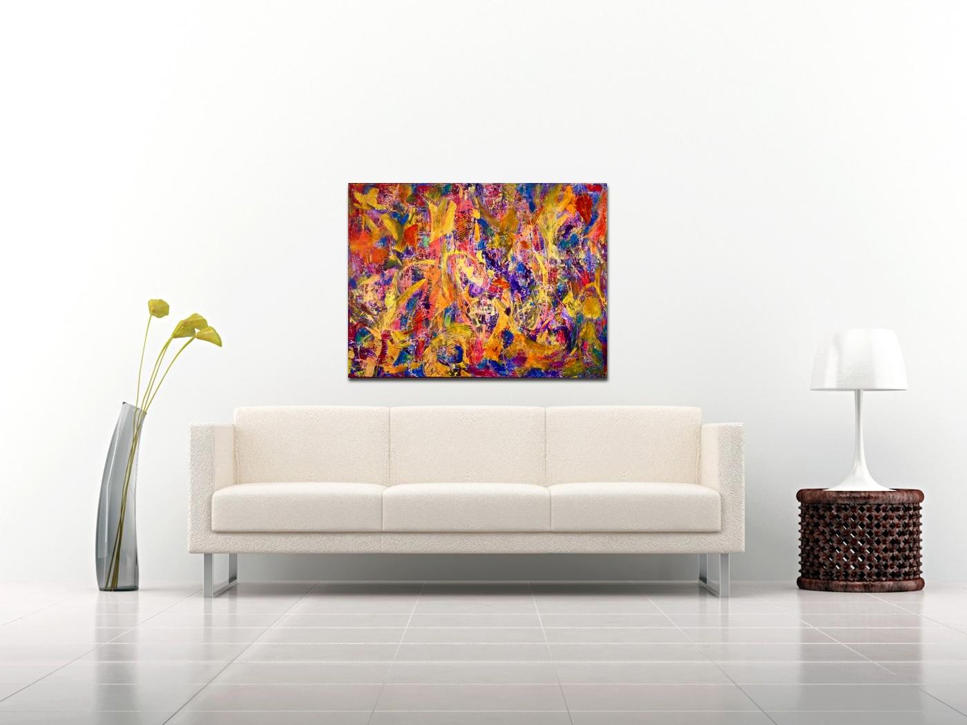 Vibrant piece with bold color blending, drips and big palette knife strokes. This painting conveys motion and energy as well as lots of light and fast changes in contrast. Reminds me of a windy summer afternoon. triple primed canvas and heavy