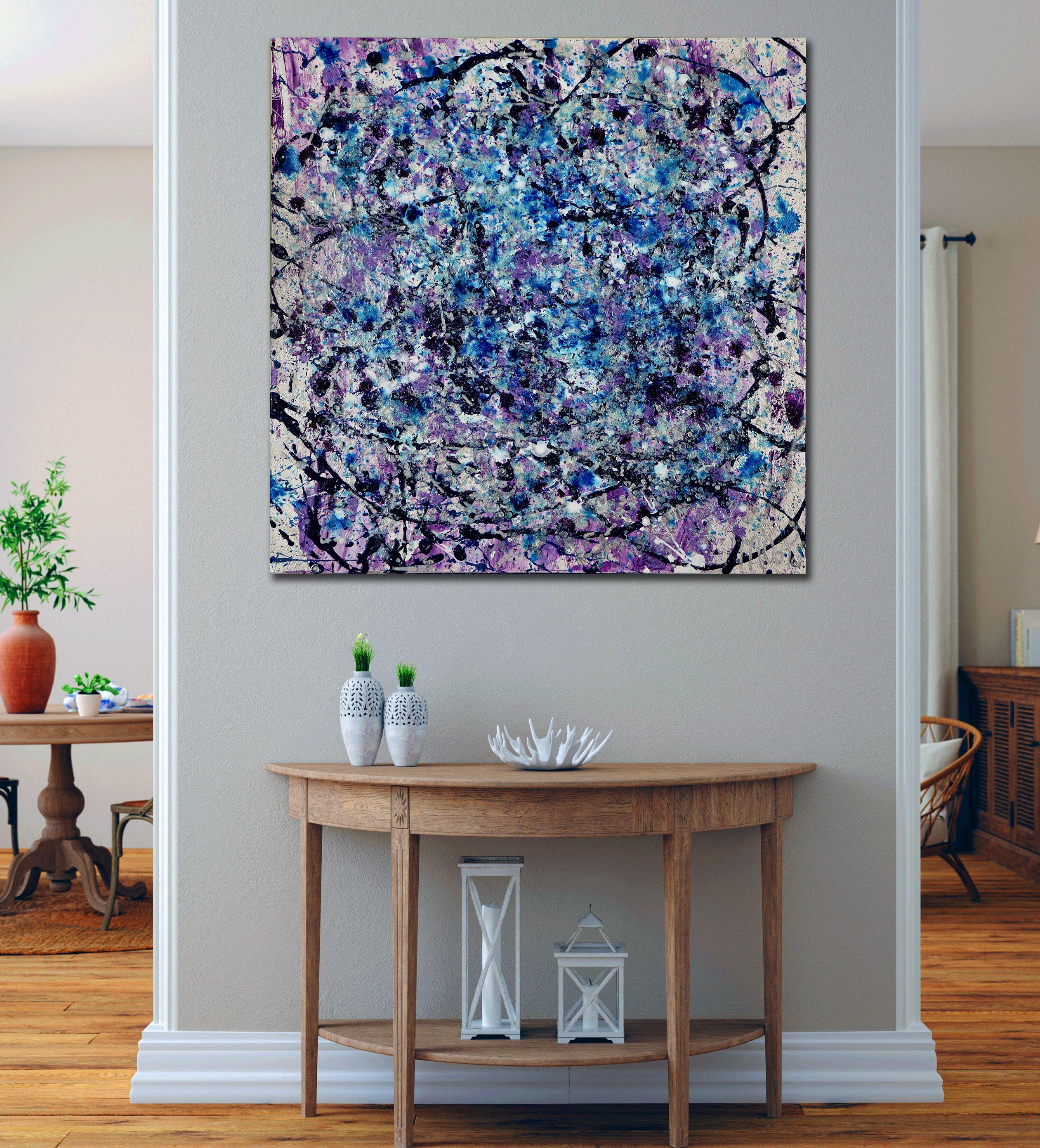 Very bold, Very expressive square painting. Lots of swirls, circles, color blending and lots of action, Spontaneous! lots of non stop action! to complete this piece. Many layers of paint over purple with a combination of many blues, dark purple and